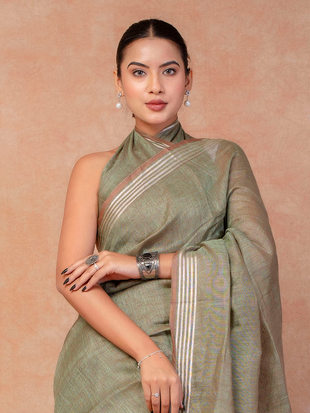 Soft Moss Green Cross Dyed Pure Linen Saree with Blouse