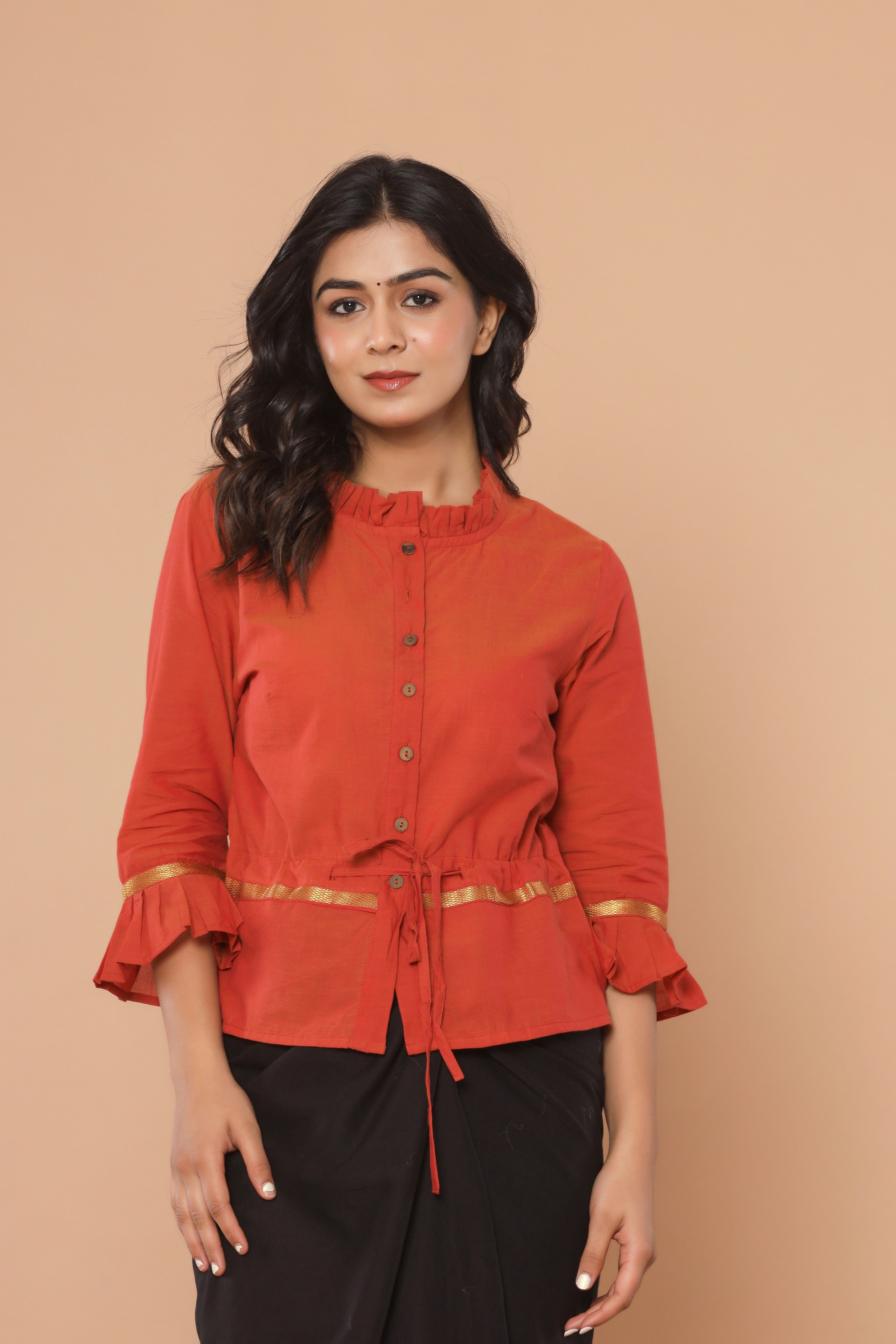 Orangish Mangalgiri Cotton Long Blouse