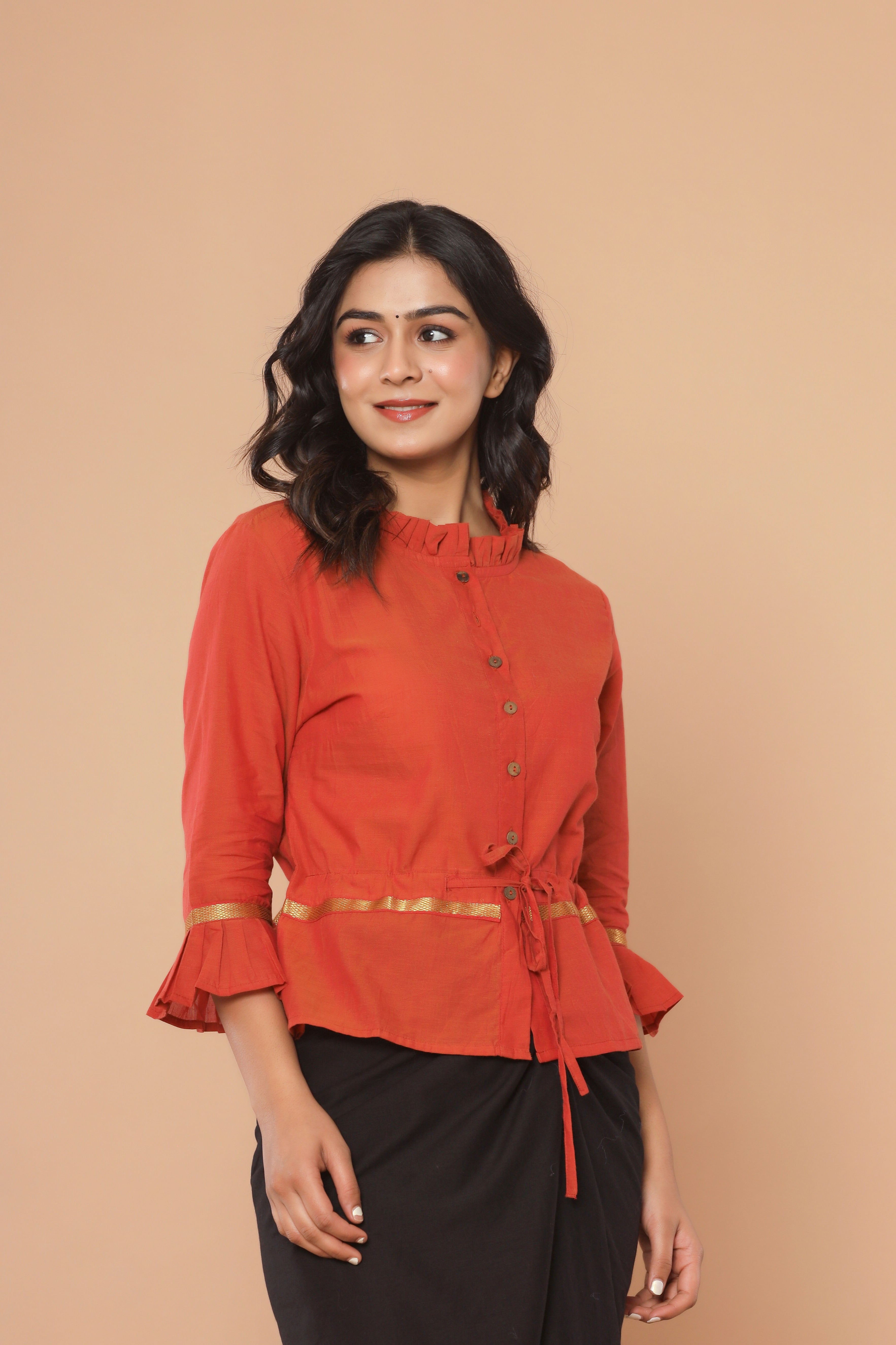 Orangish Mangalgiri Cotton Long Blouse