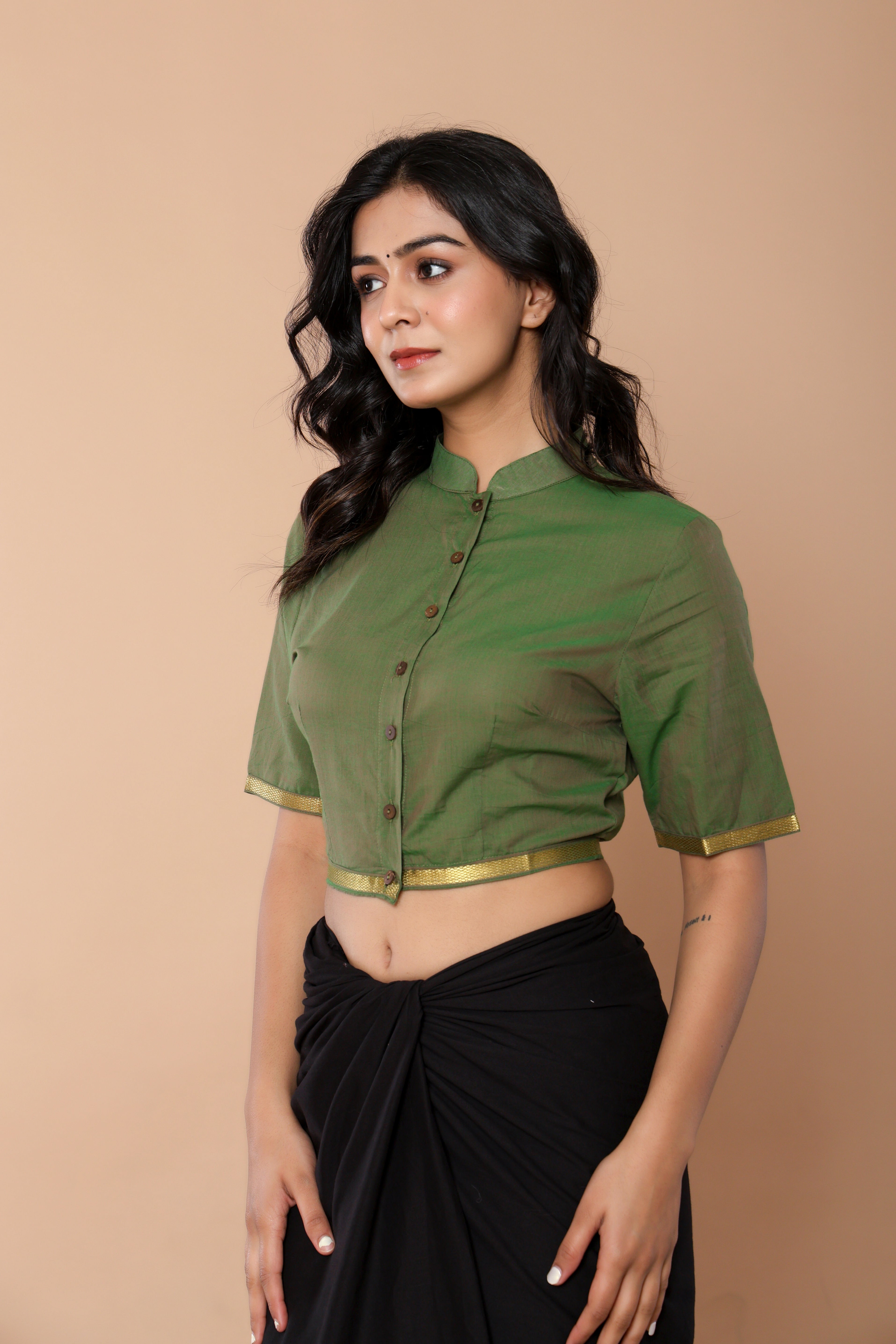 Green Mandarin Collar Mangalgiri Cotton Blouse