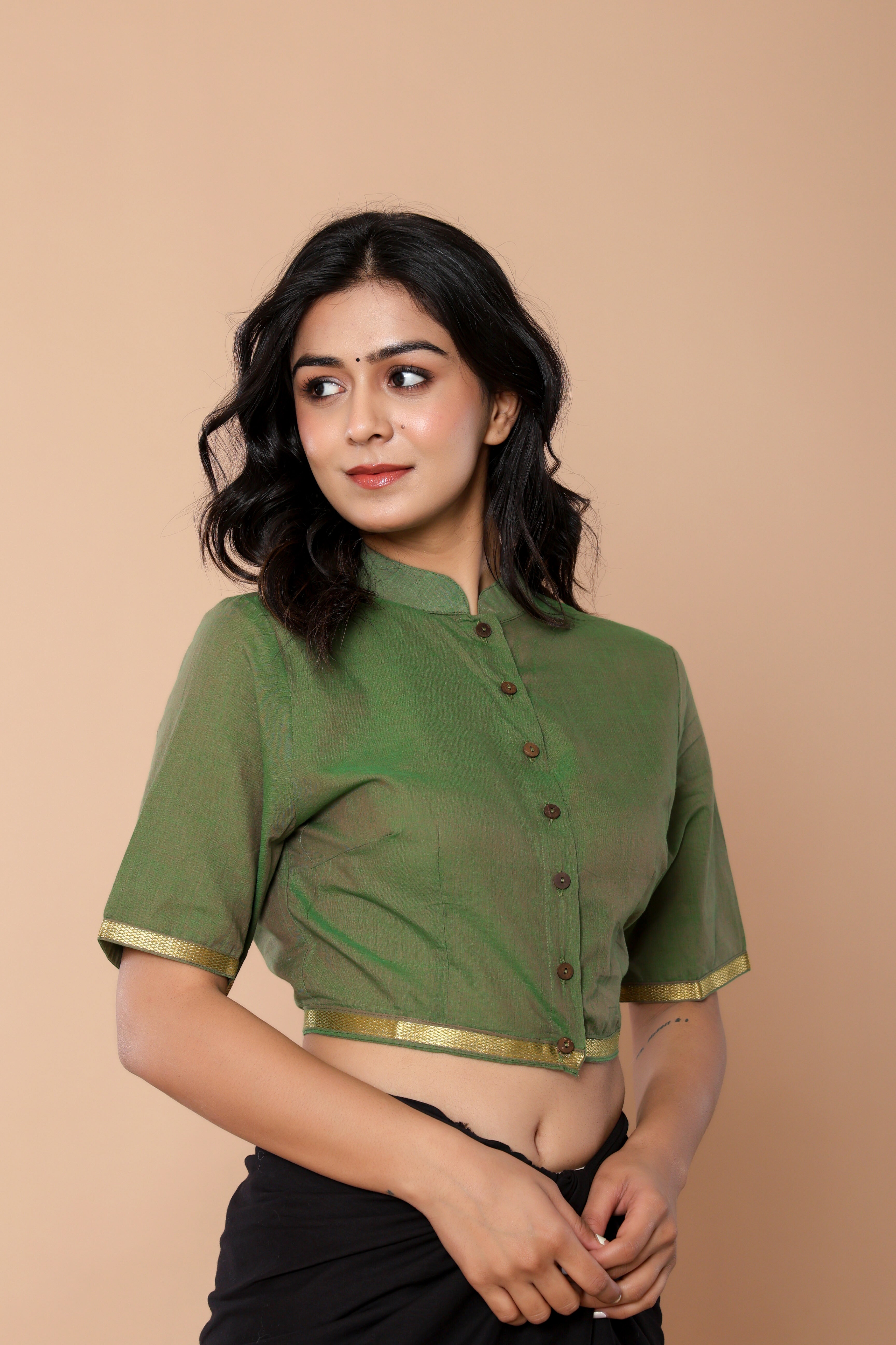 Green Mandarin Collar Mangalgiri Cotton Blouse
