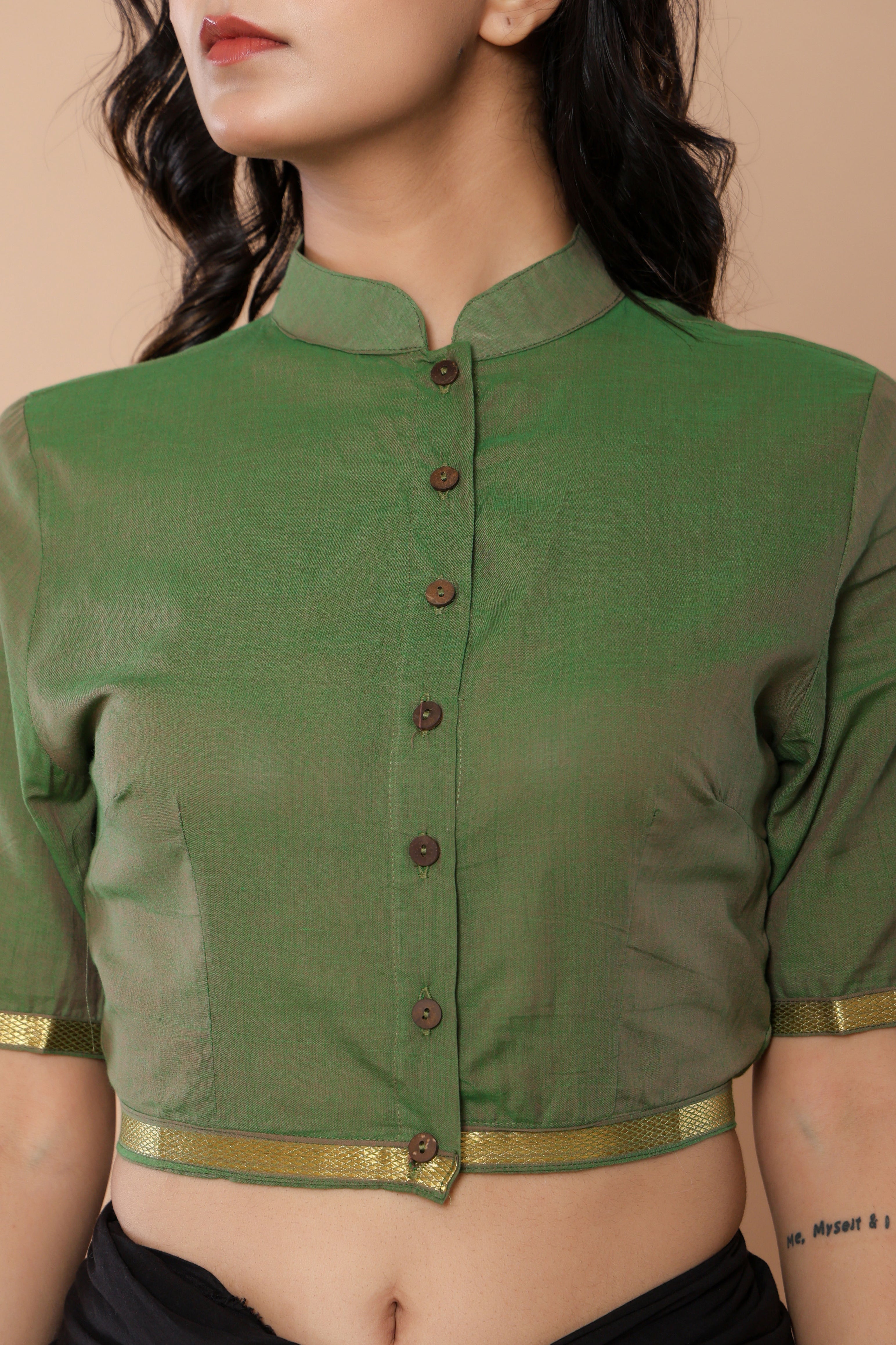 Green Mandarin Collar Mangalgiri Cotton Blouse