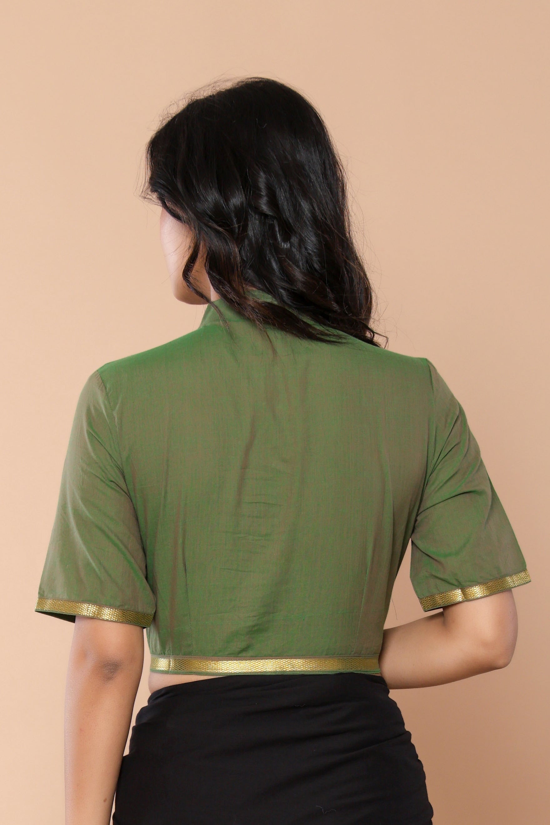 Green Mandarin Collar Mangalgiri Cotton Blouse