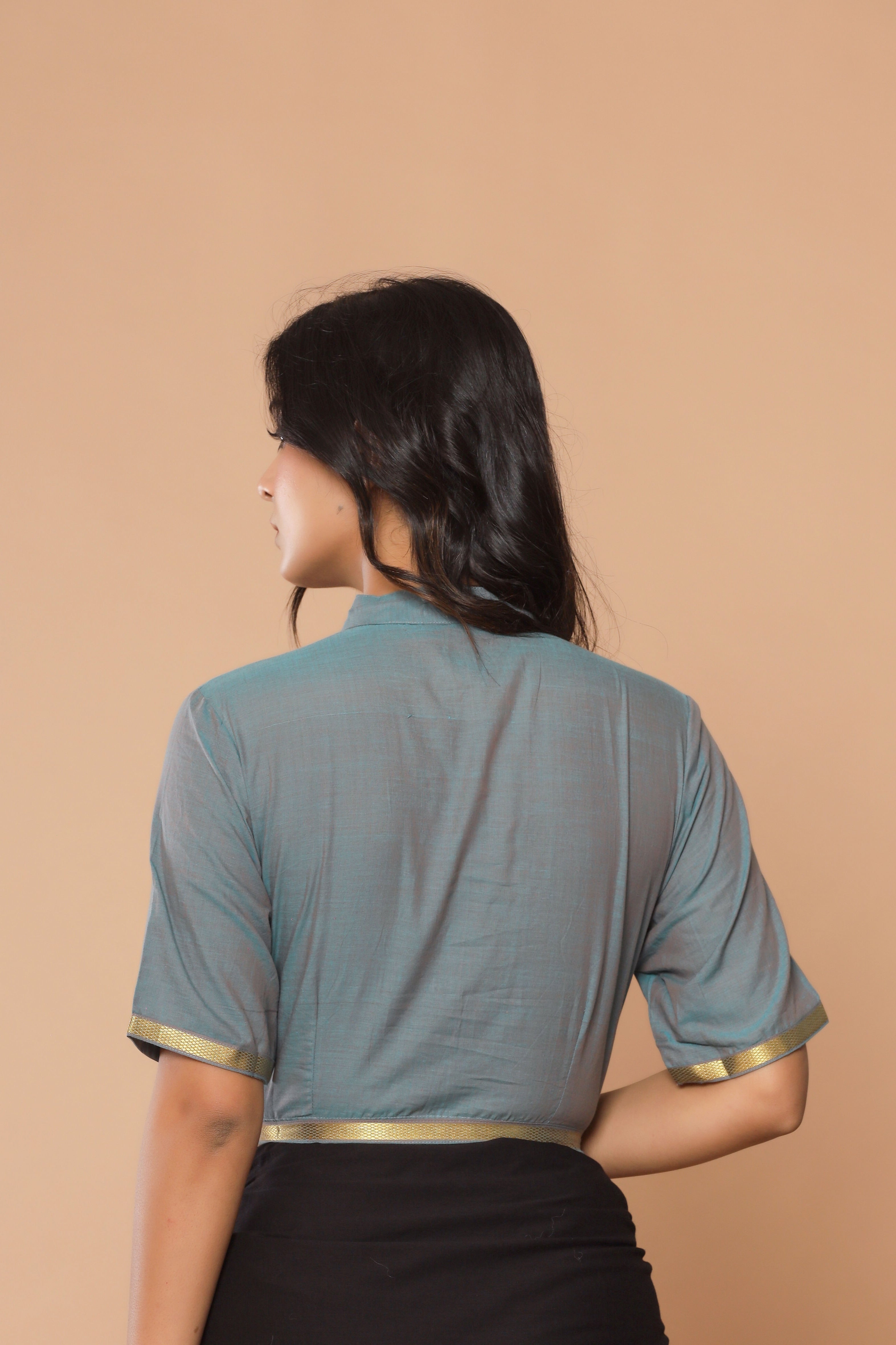 English Blue Mandarin Collar Mangalgiri Cotton Blouse