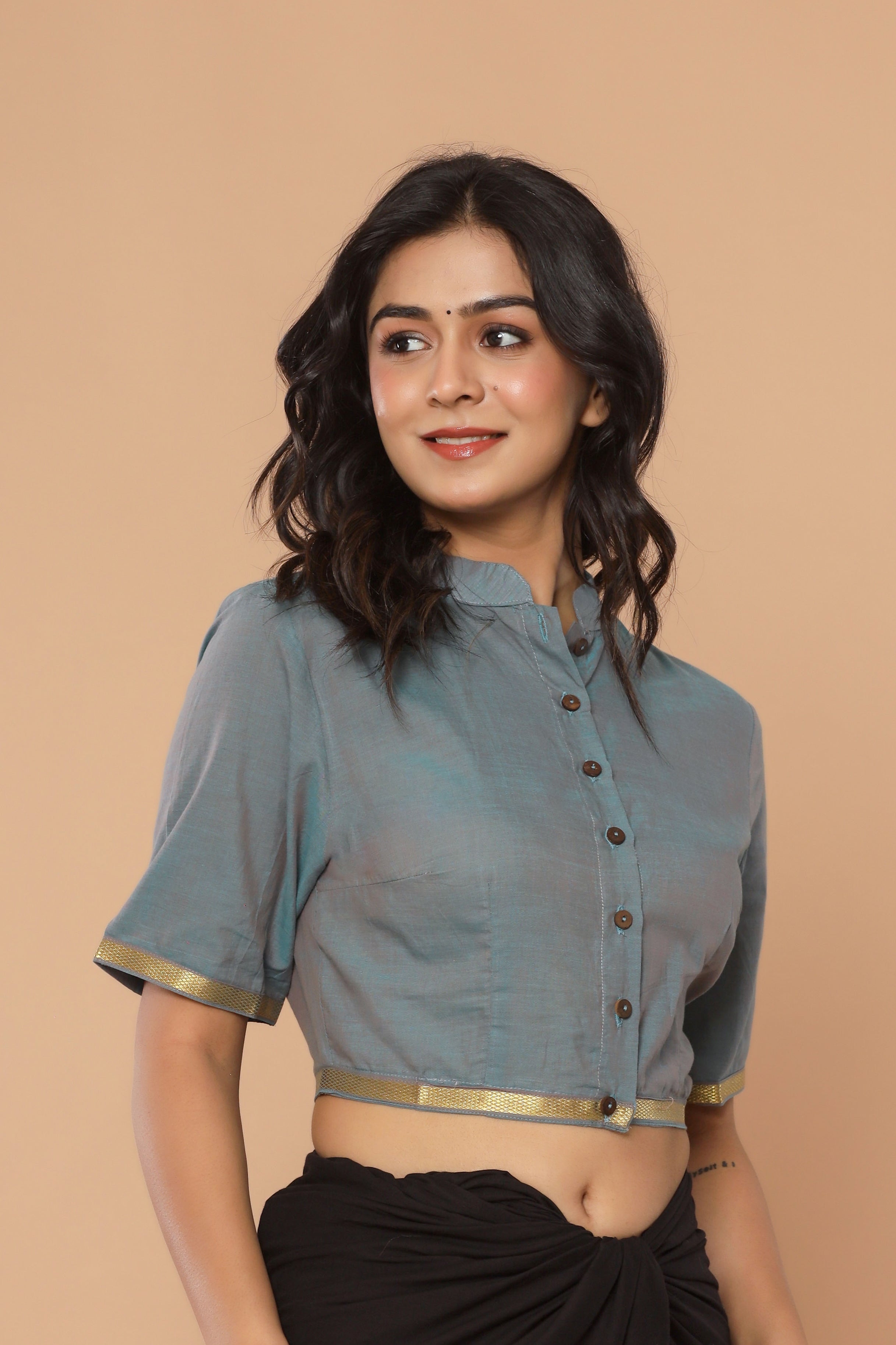 English Blue Mandarin Collar Mangalgiri Cotton Blouse