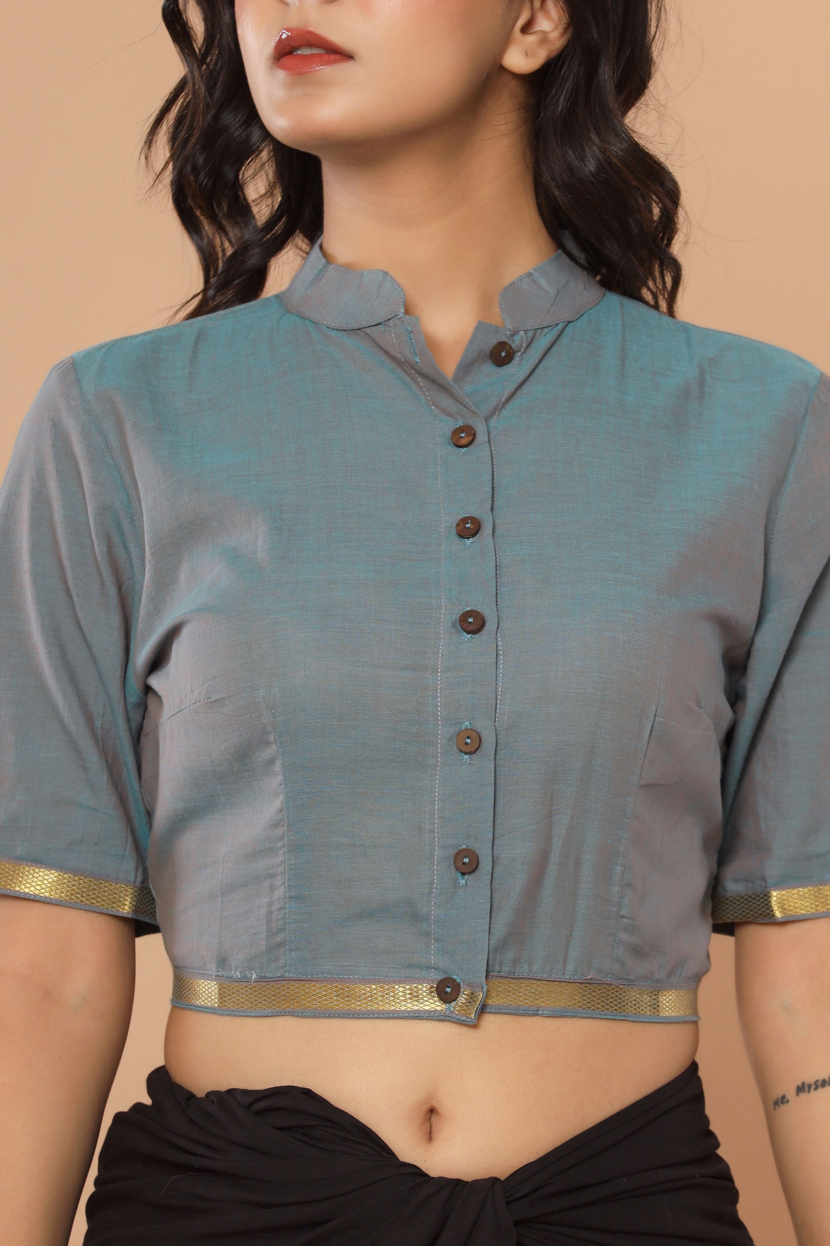 English Blue Mandarin Collar Mangalgiri Cotton Blouse