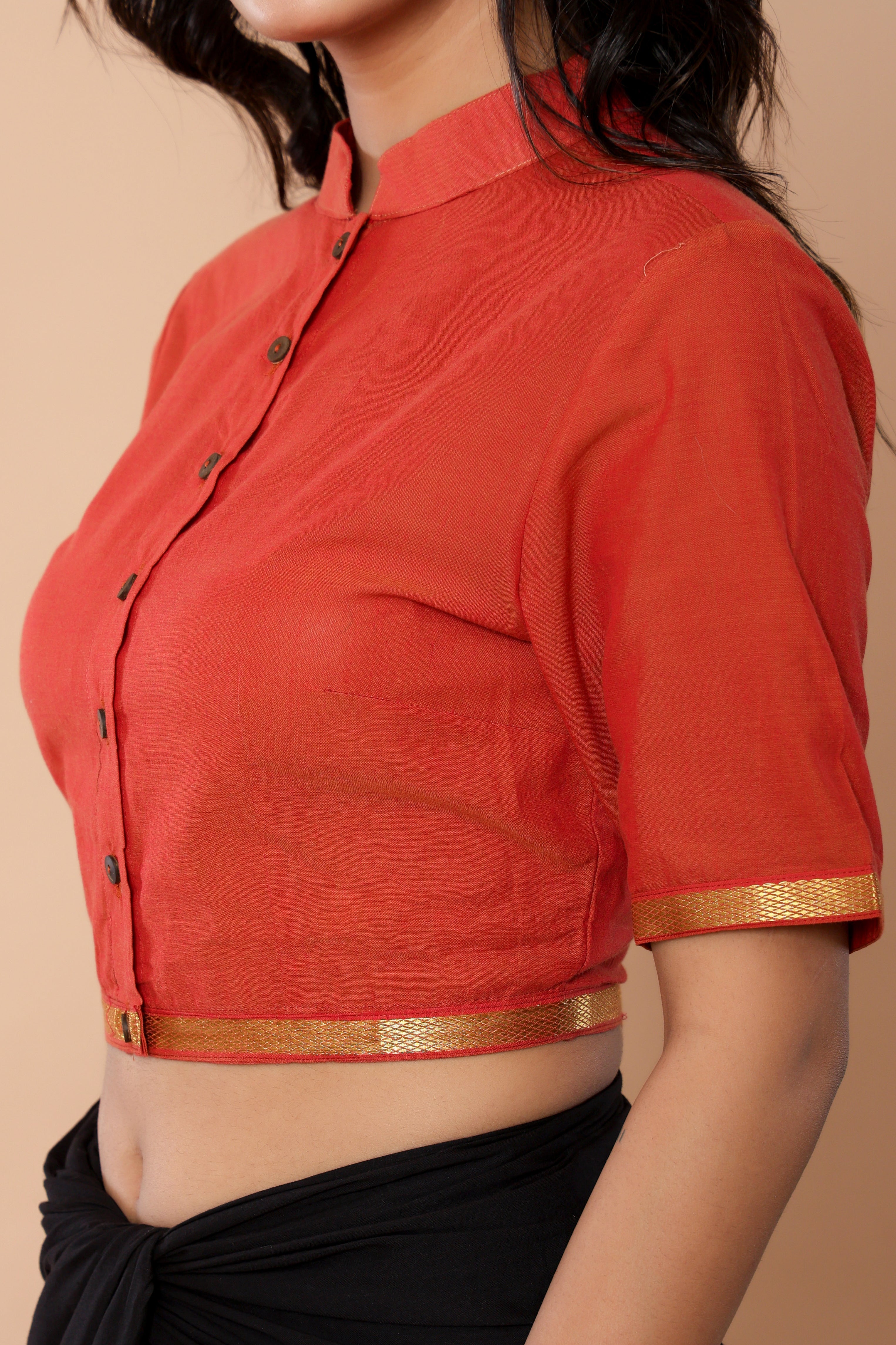 Orange Mandarin Collar Mangalgiri Cotton Blouse
