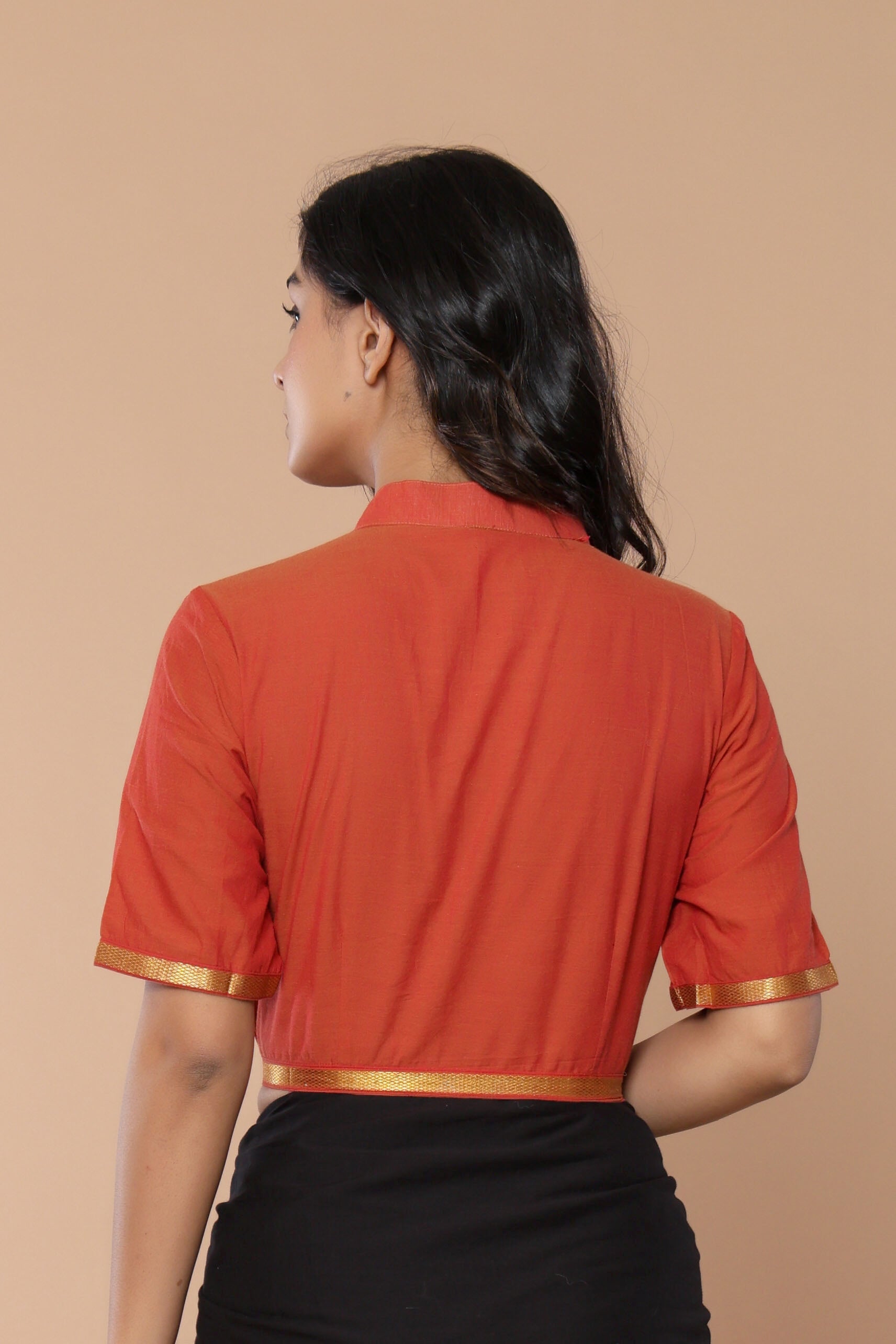 Orange Mandarin Collar Mangalgiri Cotton Blouse