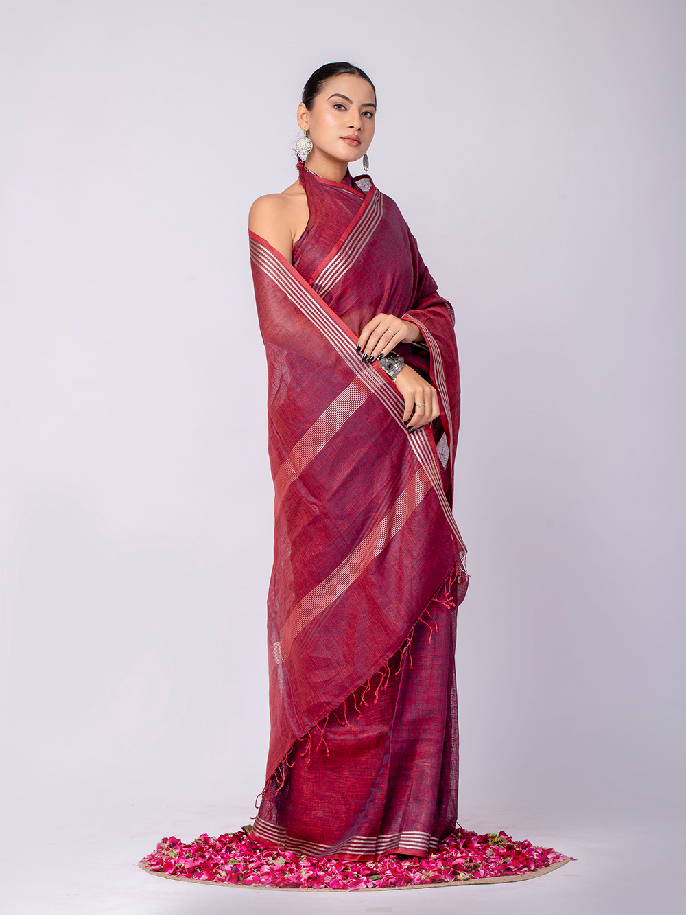 Wine Red Cross Dyed Pure Linen Saree with Blouse