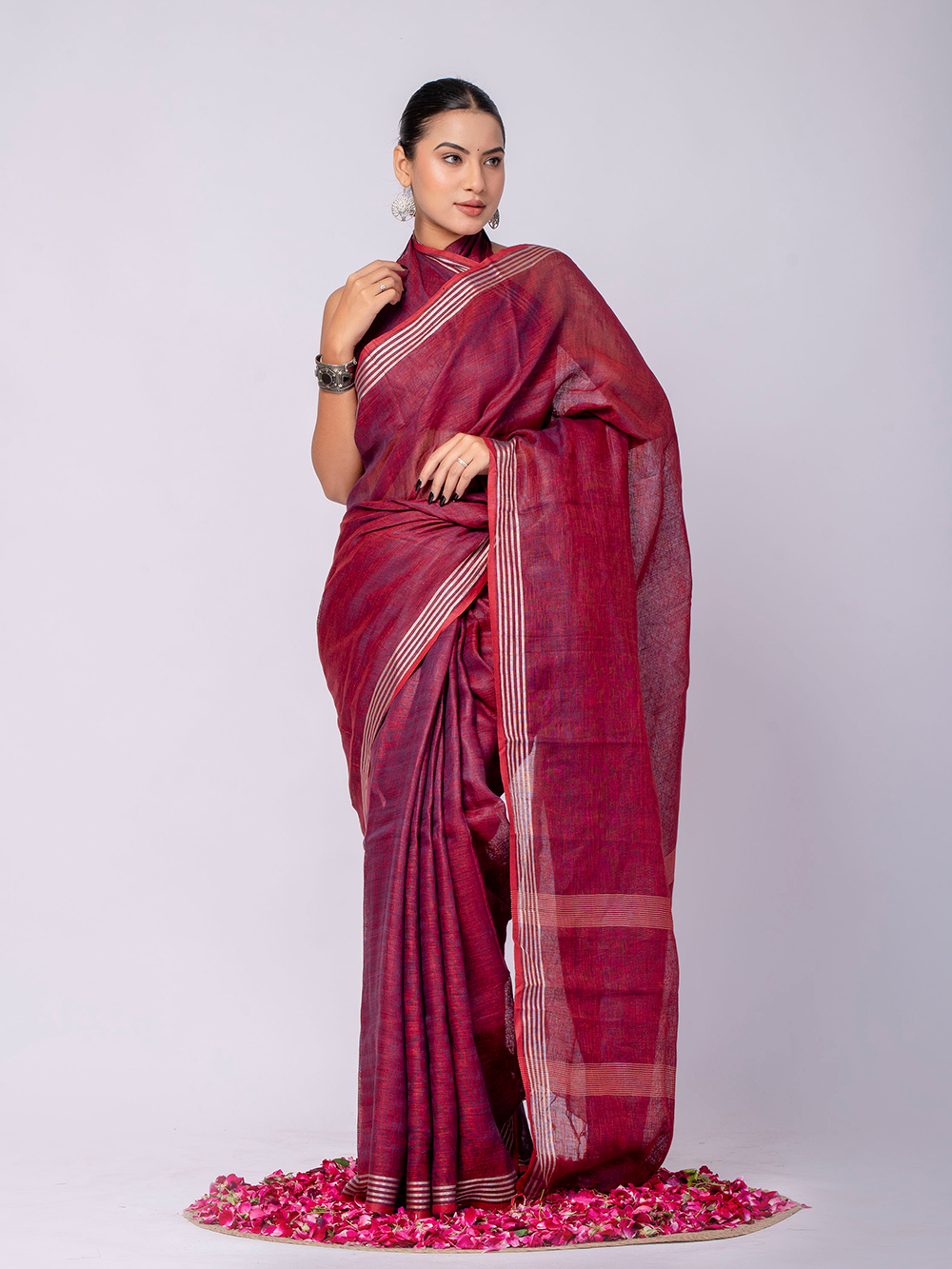 Wine Red Cross Dyed Pure Linen Saree with Blouse