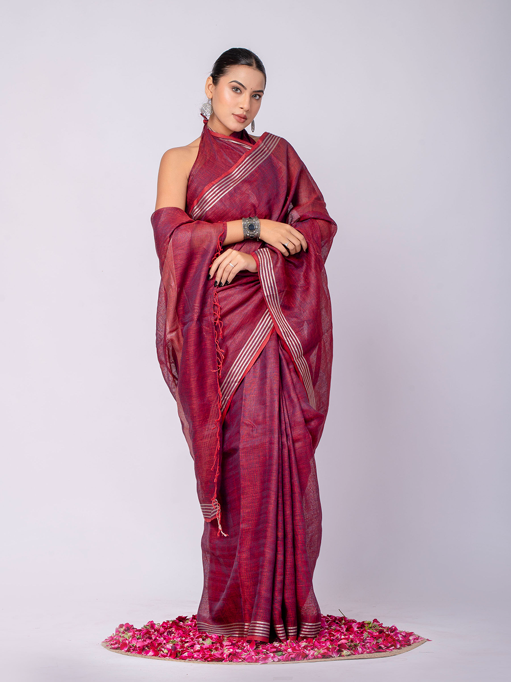 Wine Red Cross Dyed Pure Linen Saree with Blouse