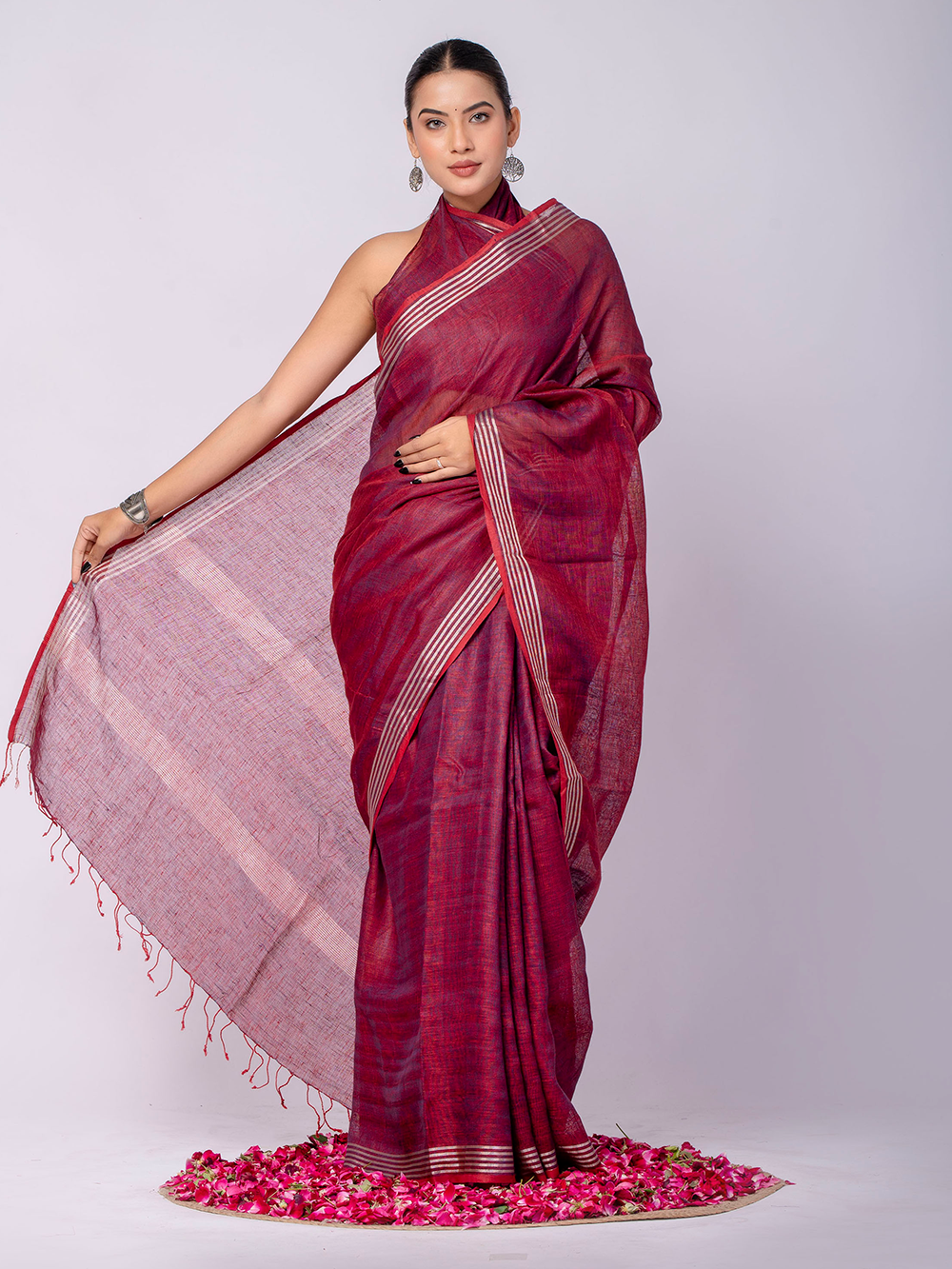 Wine Red Cross Dyed Pure Linen Saree with Blouse