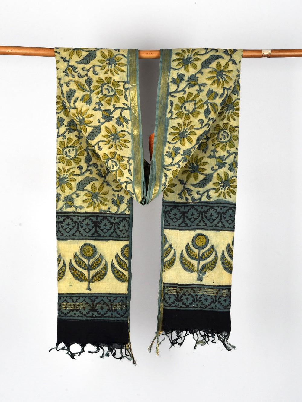 Green Floral Vine Hand Block Printed Cotton Dupatta with Zari Border
