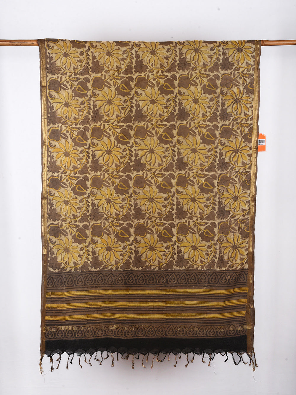 Brown Floral Hand Block Printed Cotton Dupatta with Zari Border