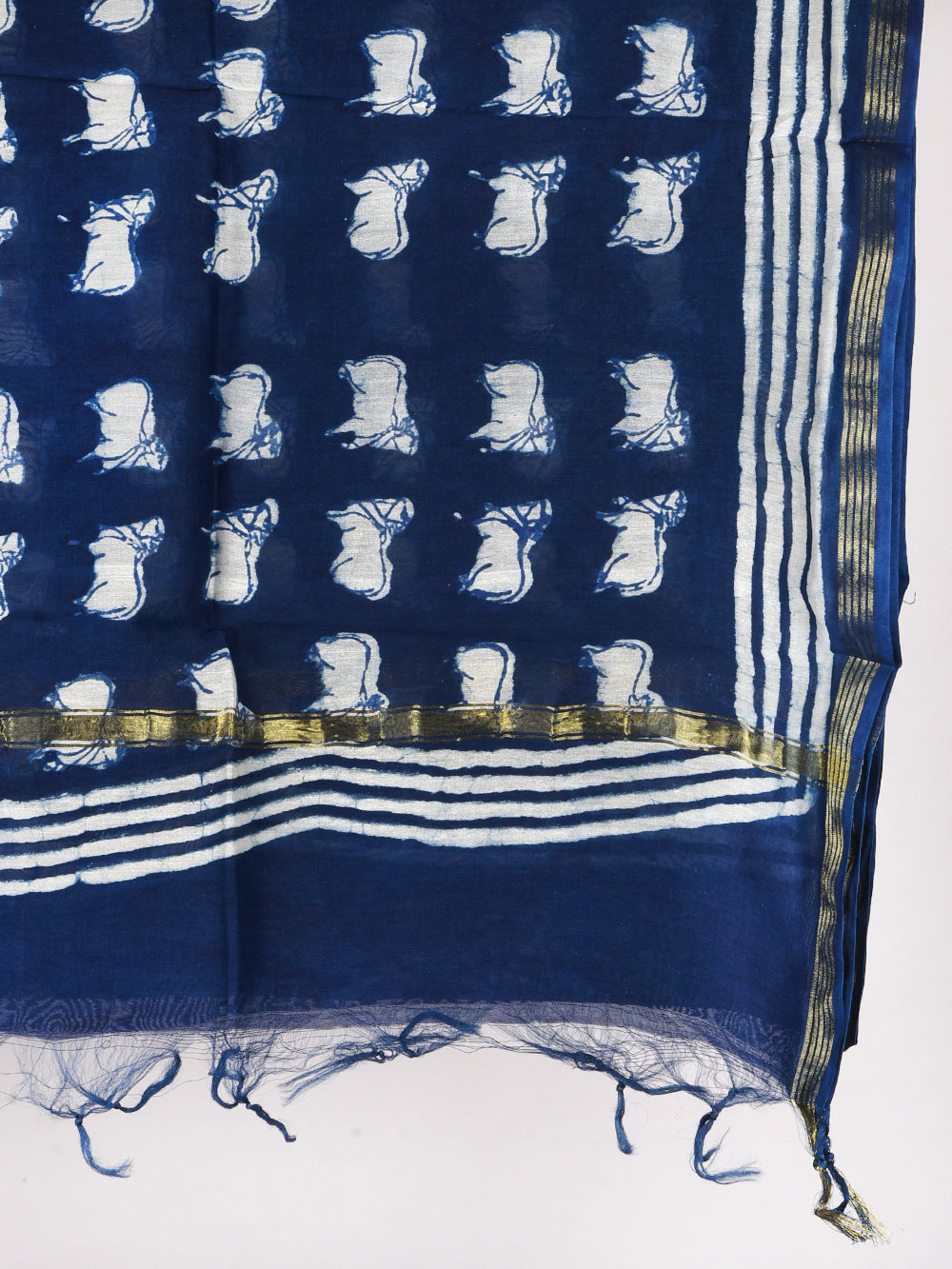 Indigo Choti Nandi Hand Block Printed Silk Cotton Chanderi Dupatta