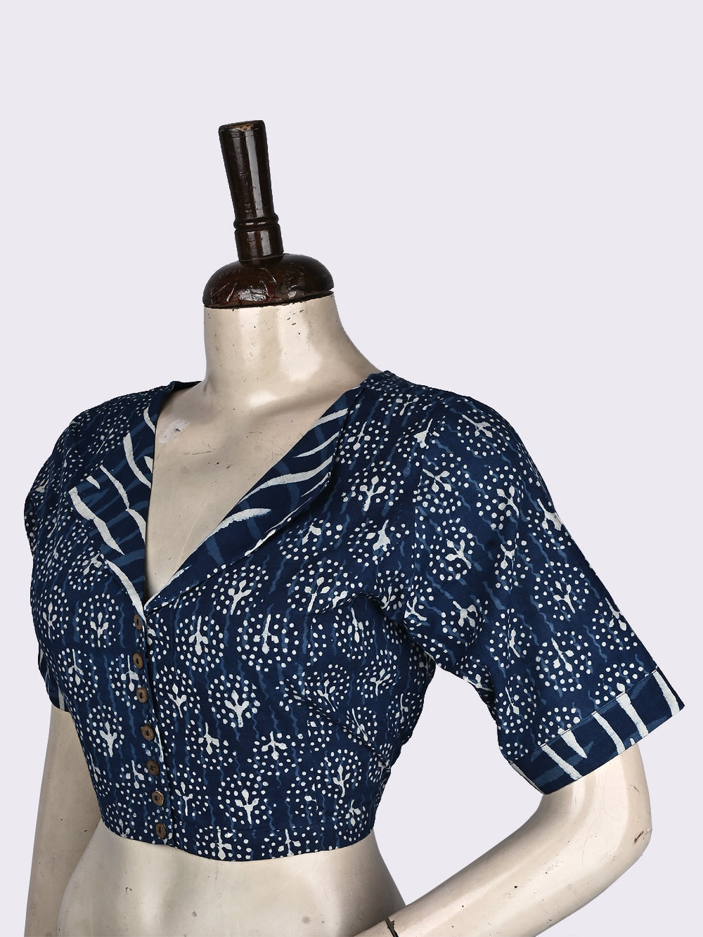 Indigo Center of Life Overlap Collar Hand Block Printed Cotton Blouse