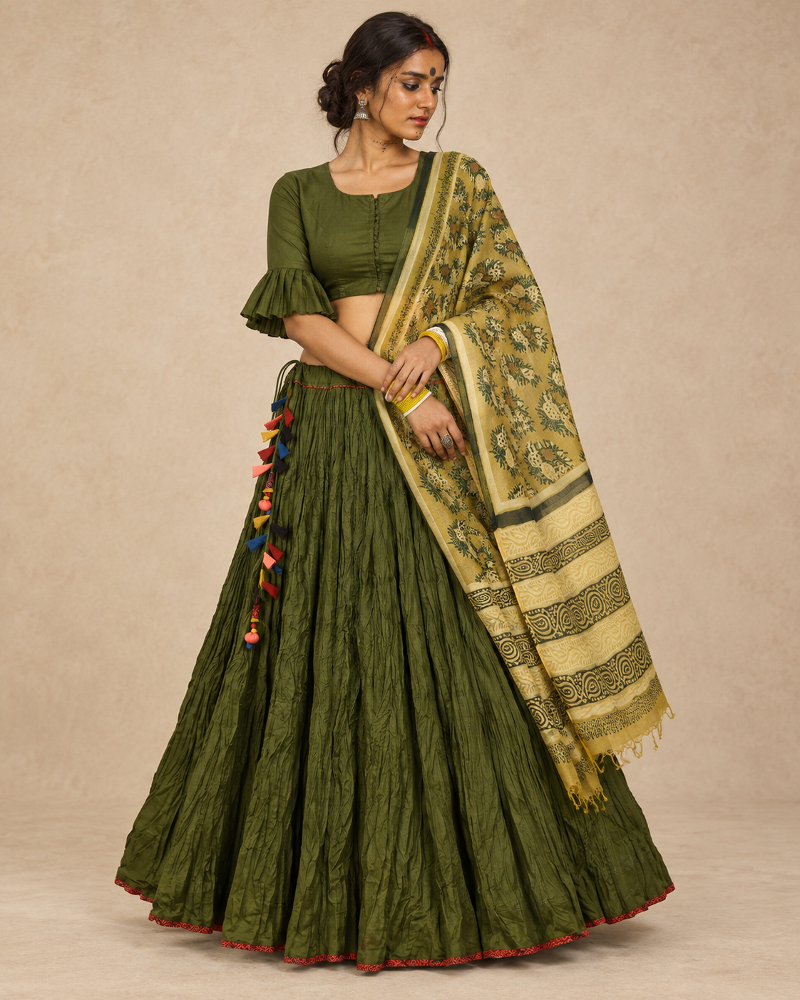 Mehendi Green Plain Dyed Crinkled Cotton Mul mul 100 Kali Kalidaar Skirt