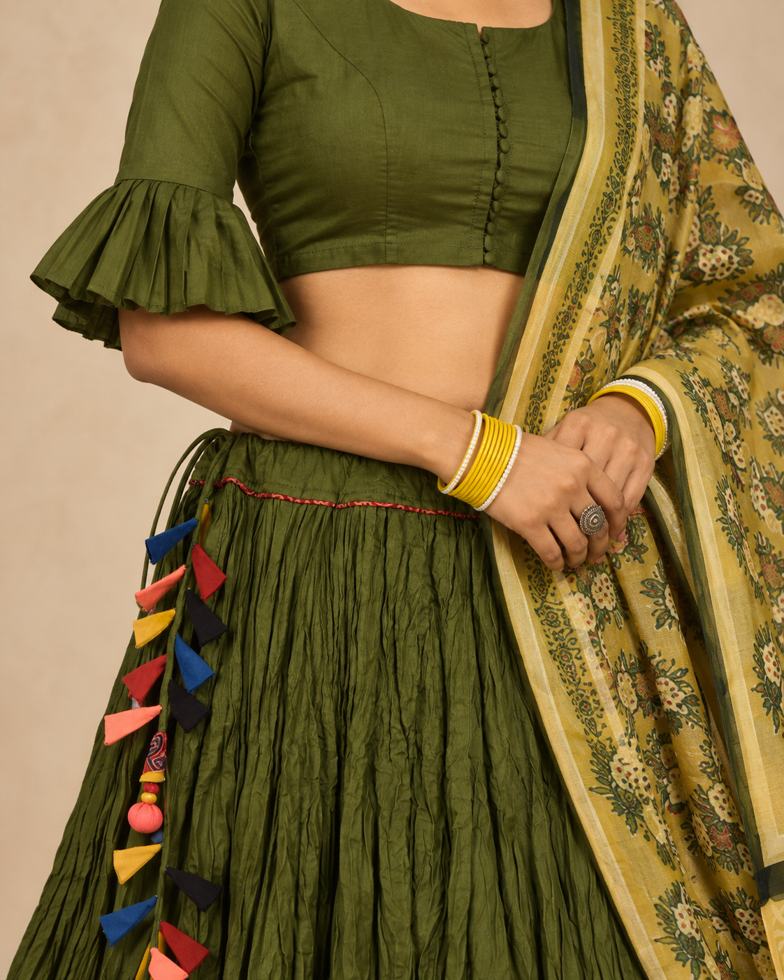 Mehendi Green Plain Dyed Crinkled Cotton Mul mul 100 Kali Kalidaar Skirt