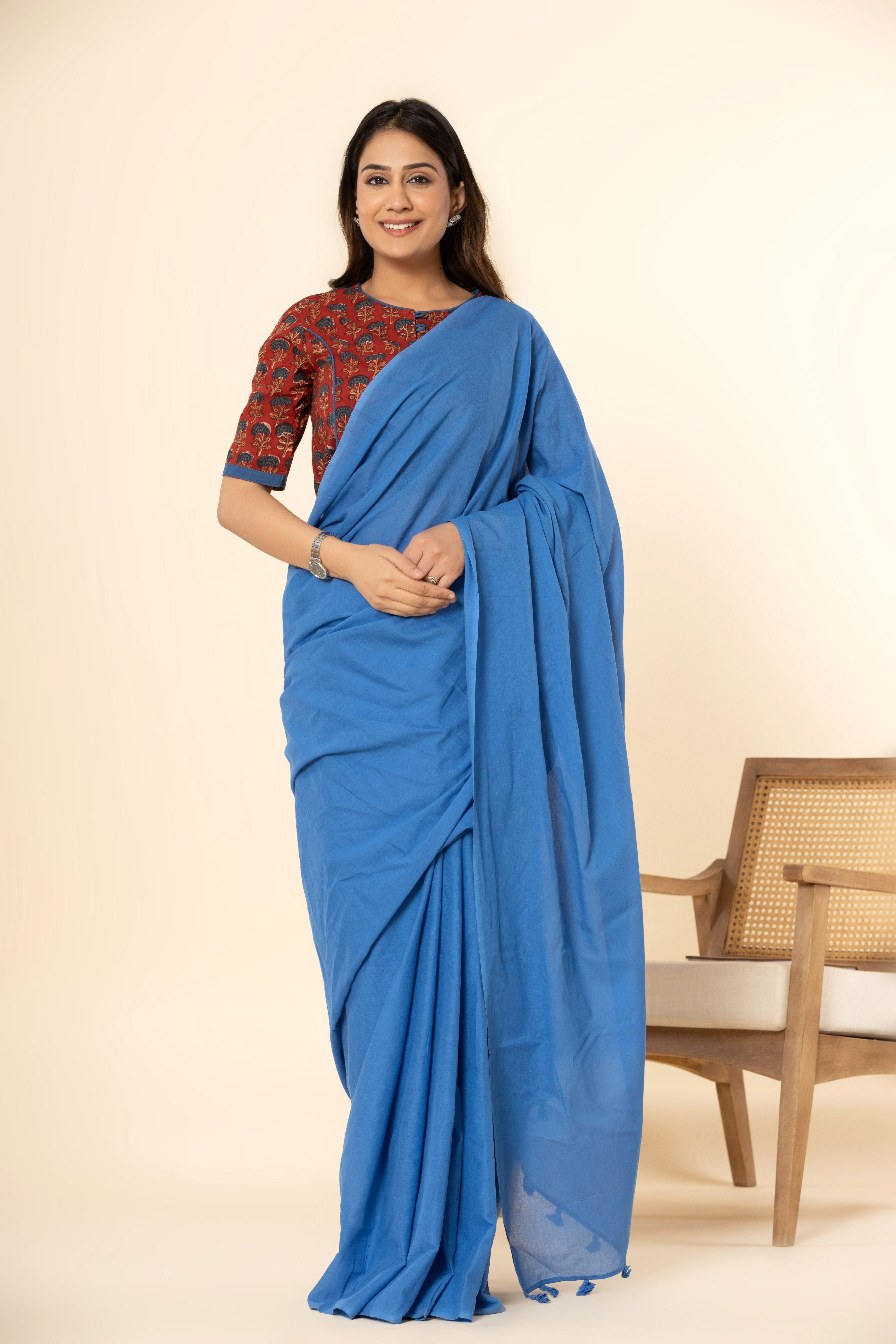 Ocean Blue Dyed Mul Mul Cotton Saree with Tassels (without Blouse)