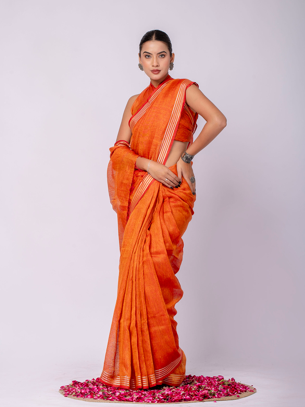 Vibrant Tangerine Cross Dyed Pure Linen Saree with Blouse