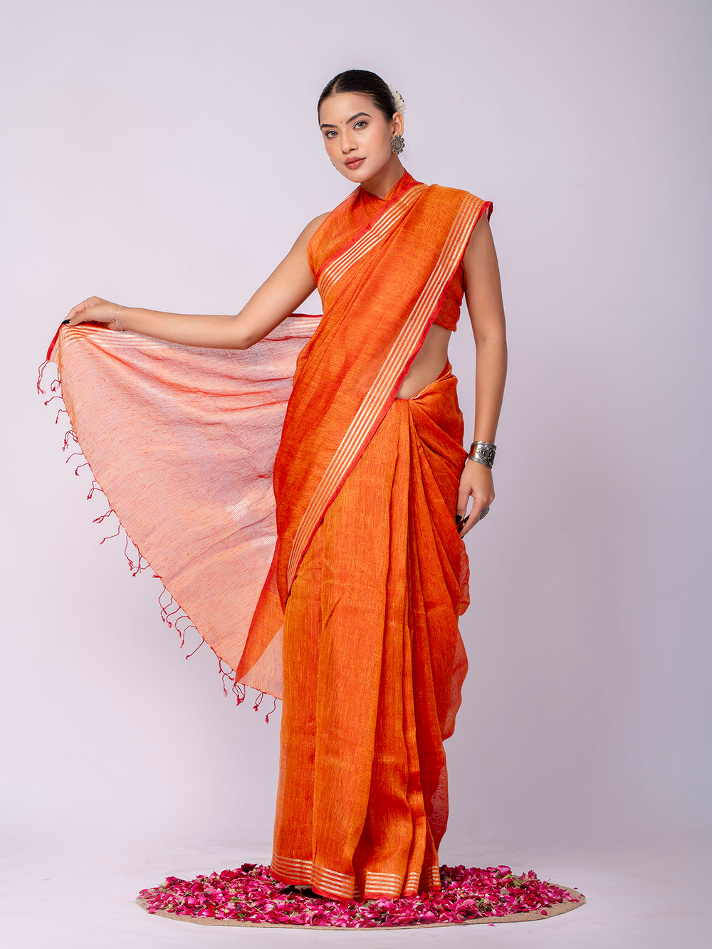 Vibrant Tangerine Cross Dyed Pure Linen Saree with Blouse