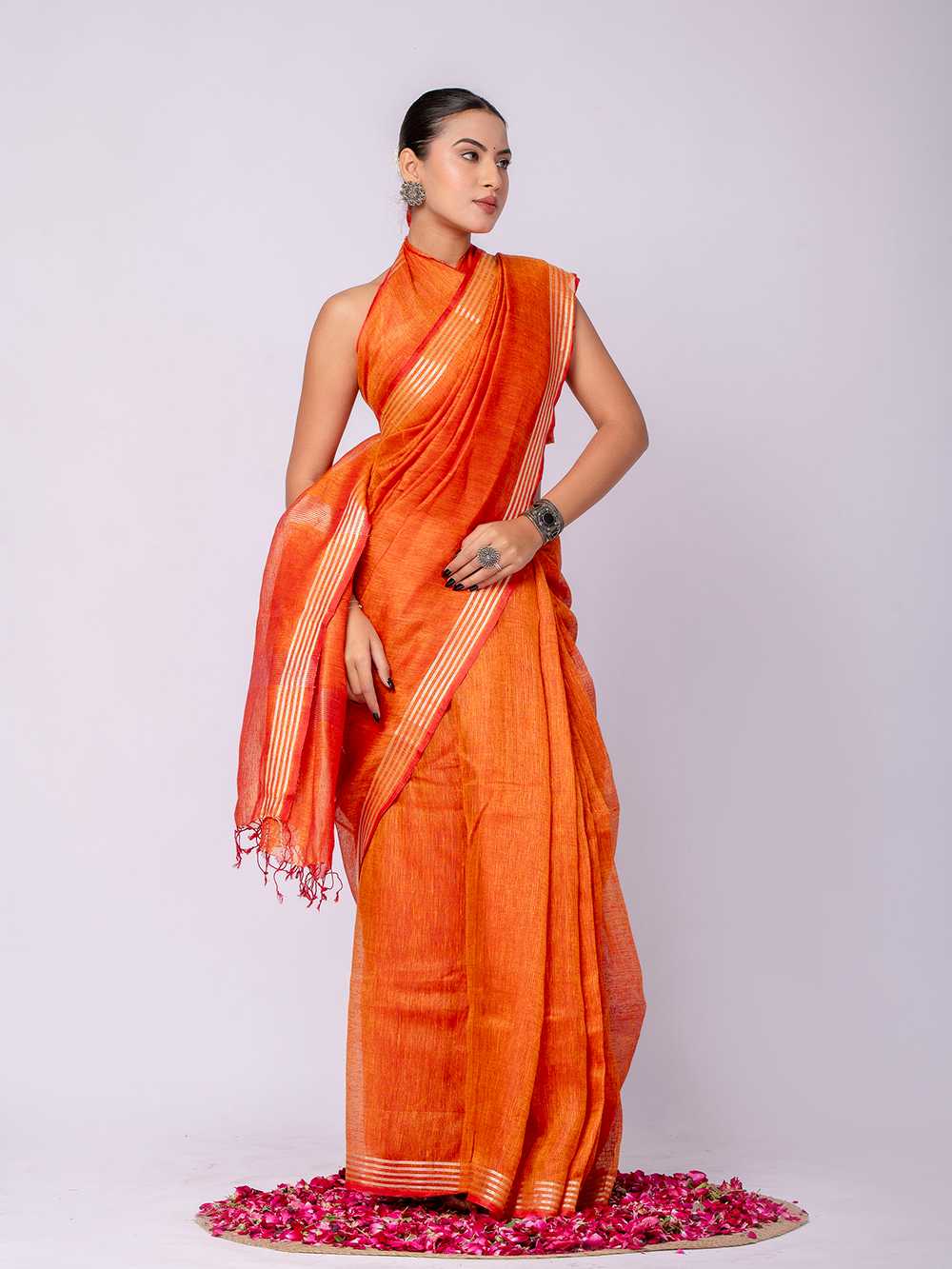 Vibrant Tangerine Cross Dyed Pure Linen Saree with Blouse
