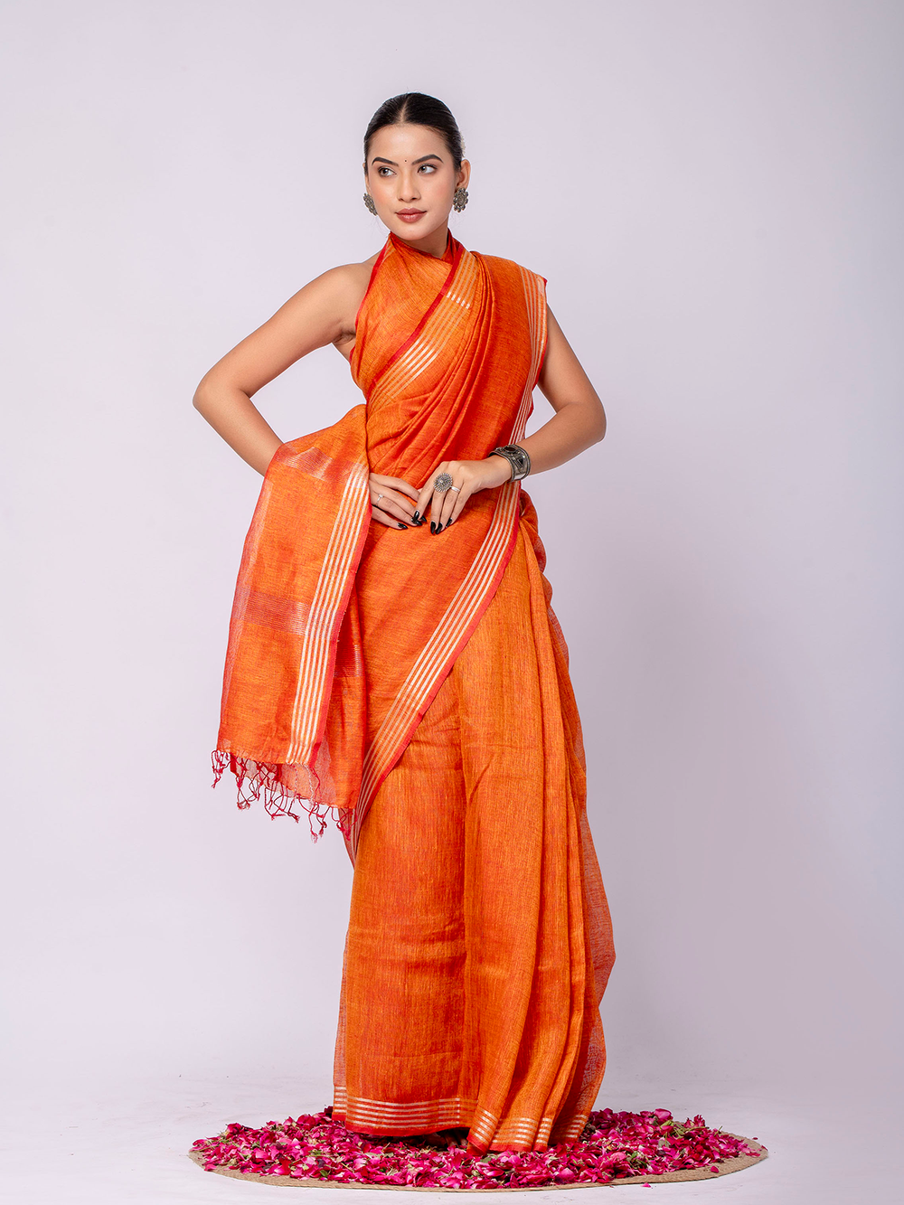 Vibrant Tangerine Cross Dyed Pure Linen Saree with Blouse