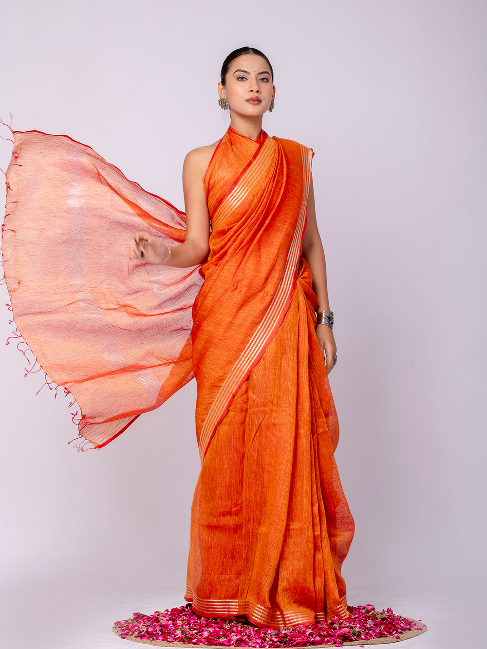 Vibrant Tangerine Cross Dyed Pure Linen Saree with Blouse