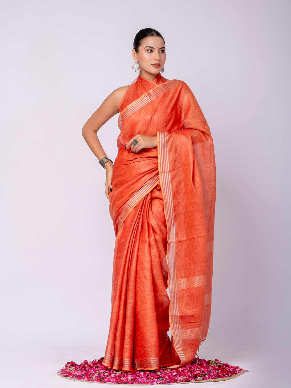 Coral Orange Cross Dyed Pure Linen Saree with Blouse