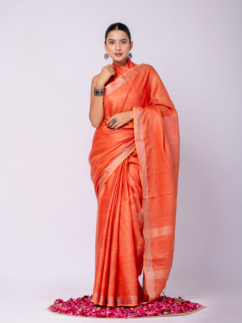 Coral Orange Cross Dyed Pure Linen Saree with Blouse
