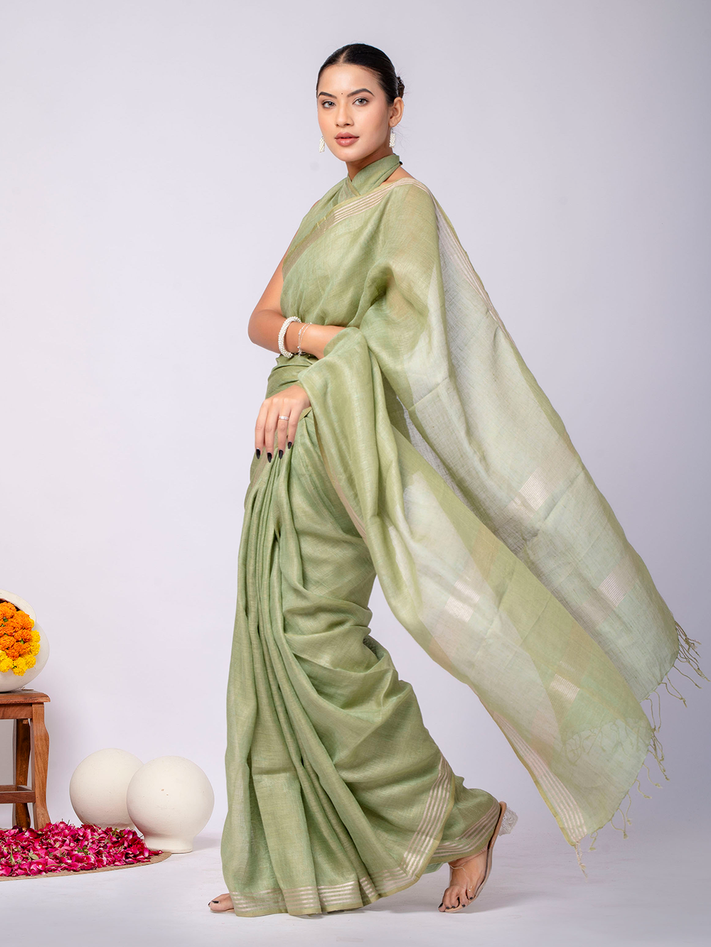 Pastel Green Cross Dyed Pure Linen Saree with Blouse