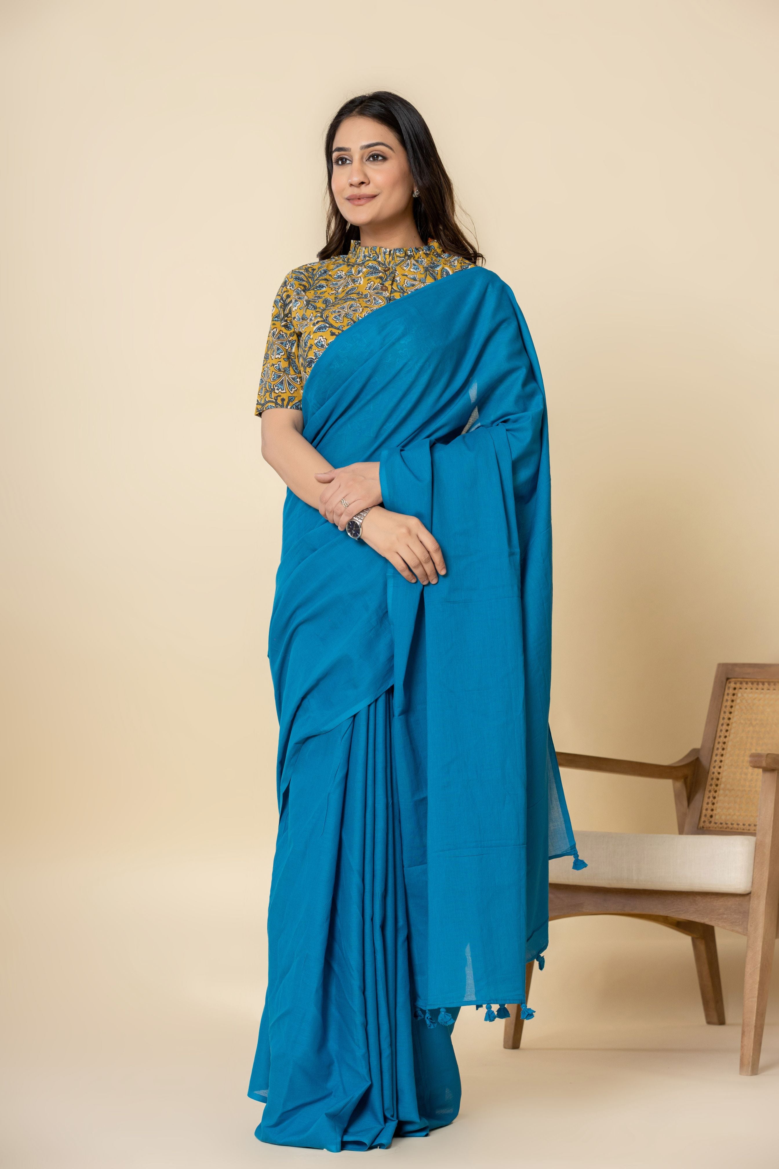 Peacock Blue Dyed Mul Mul Cotton Saree with Tassels (without Blouse)
