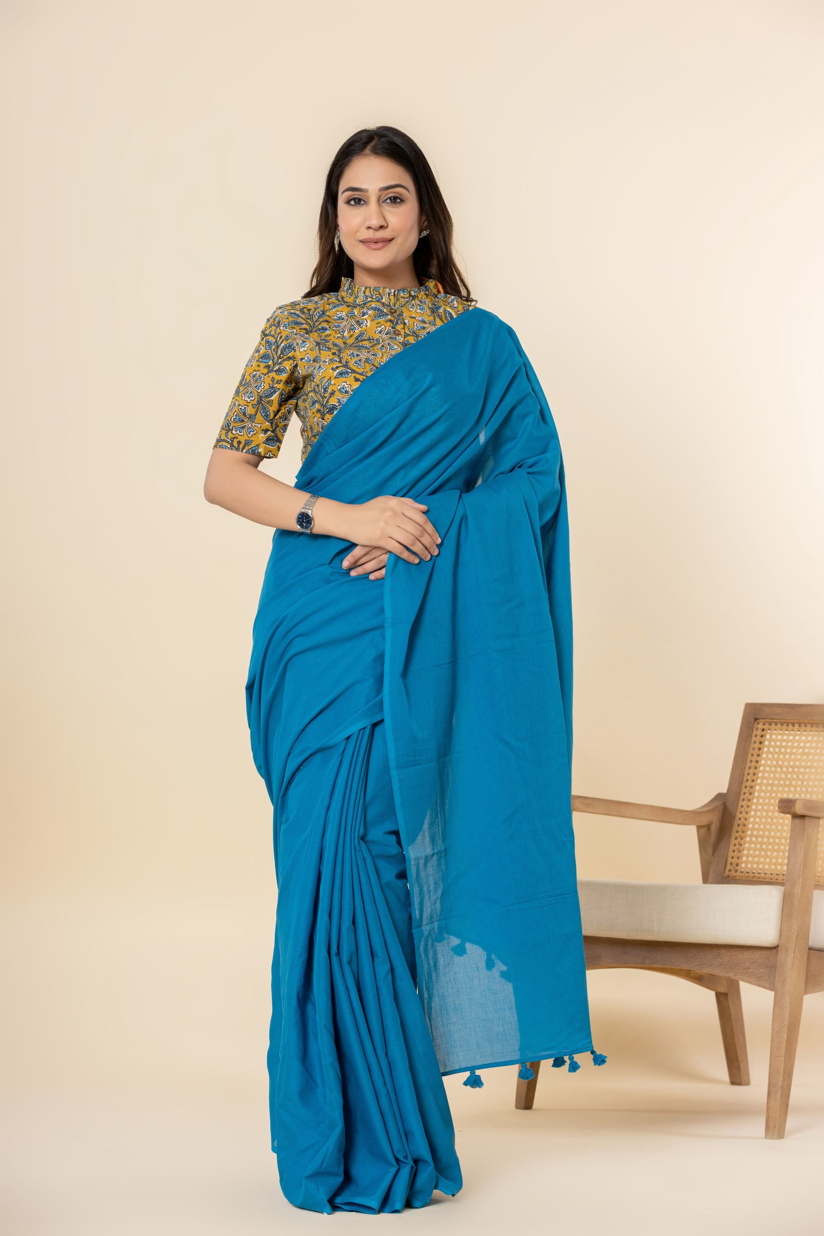 Peacock Blue Dyed Mul Mul Cotton Saree with Tassels (without Blouse)