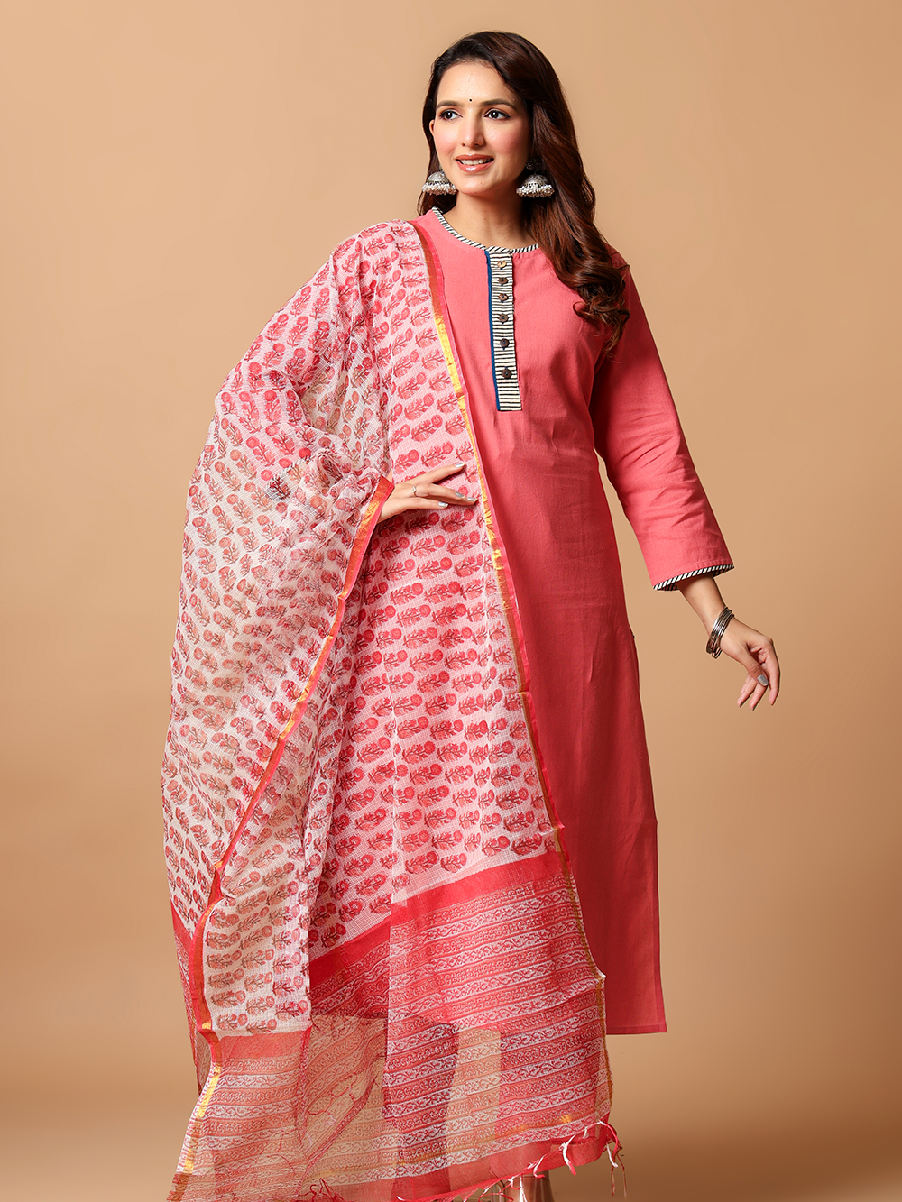 Coral Pink Kurta Pant Dupatta Set