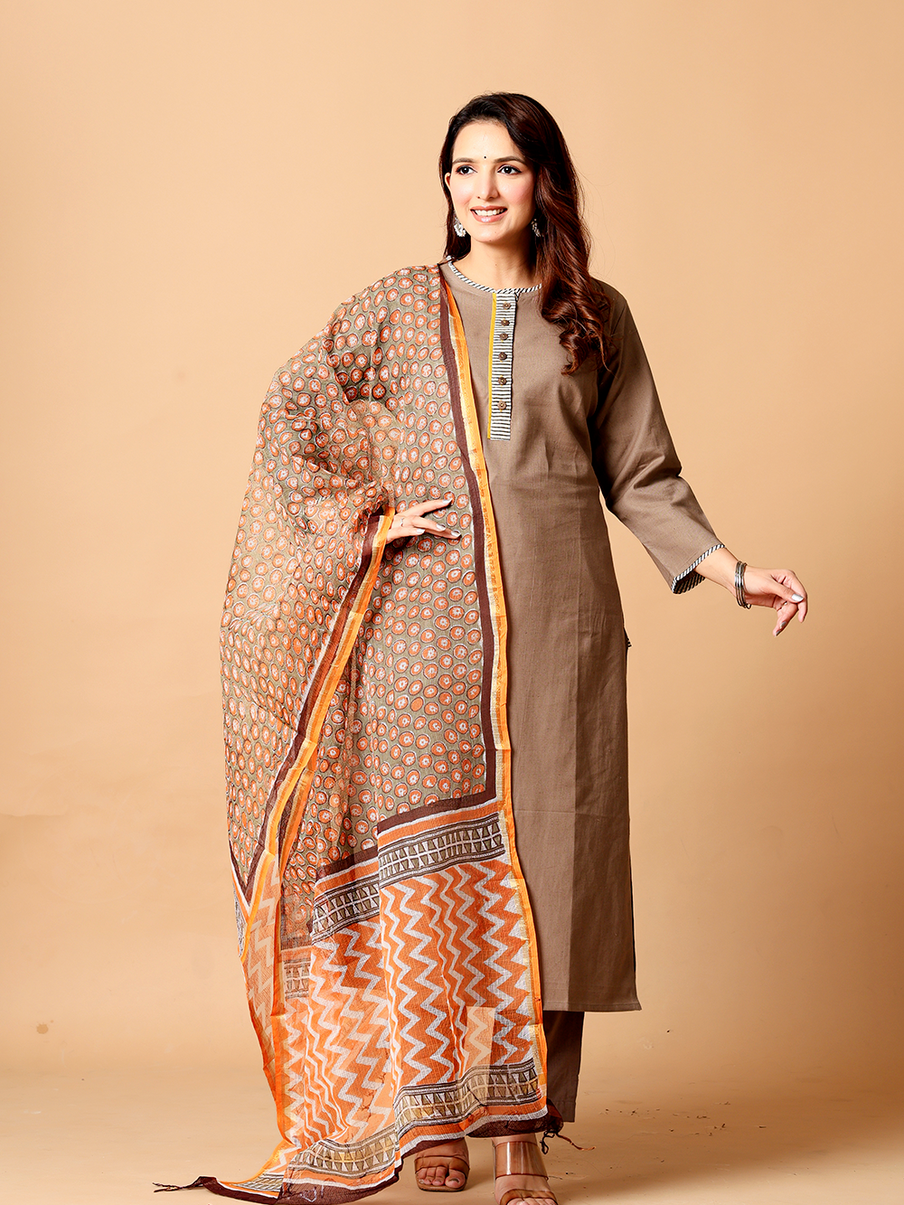 Brownish Grey Kurta Pant Dupatta Set