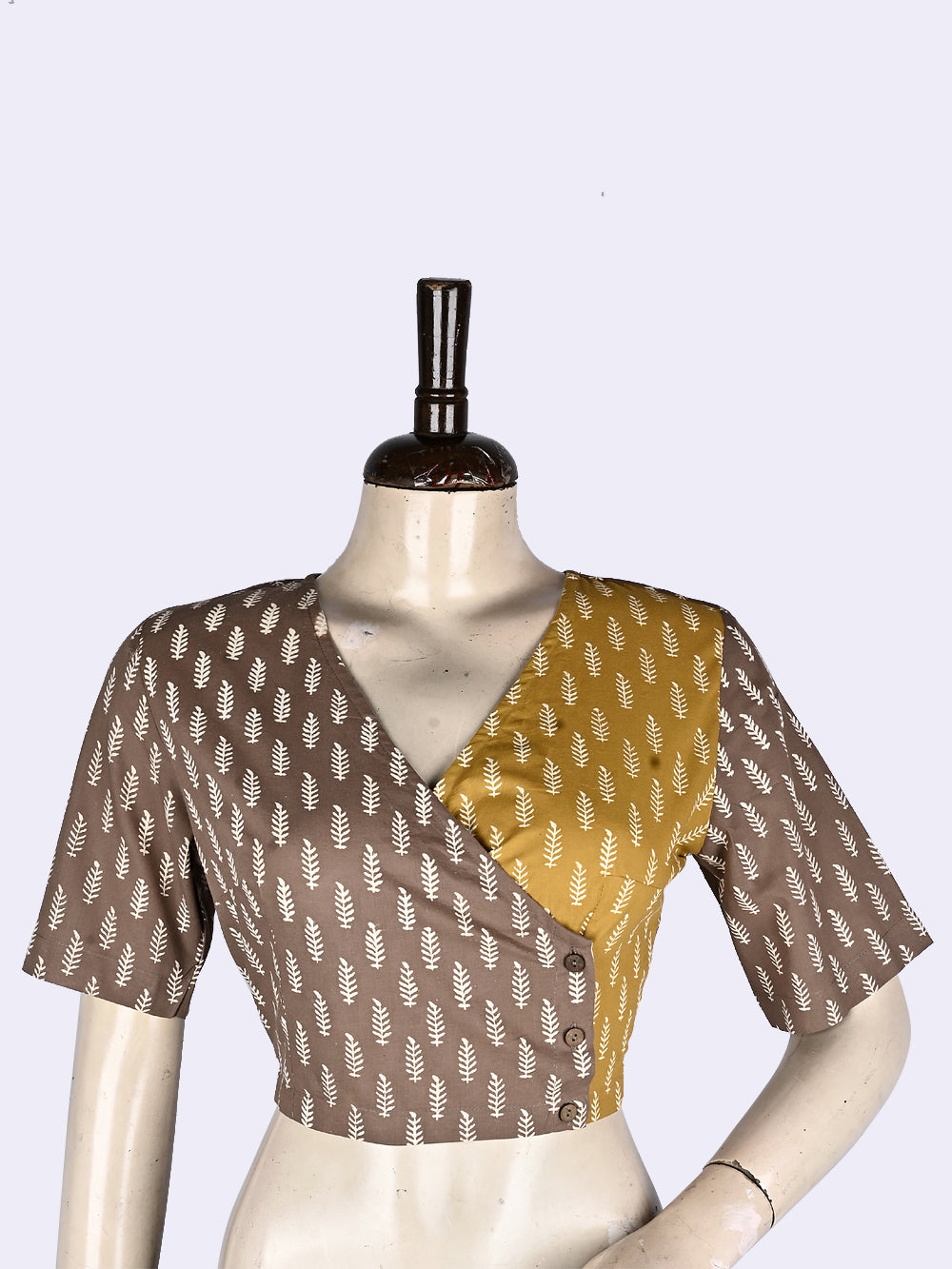 Grey-Yellow Ferns Angrakha Hand Block Printed Cotton Blouse