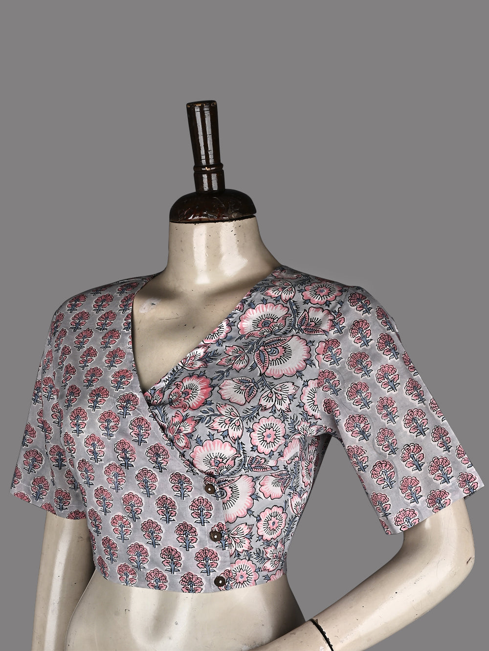 English Grey Garden Angrakha Hand Block Printed Cotton Blouse