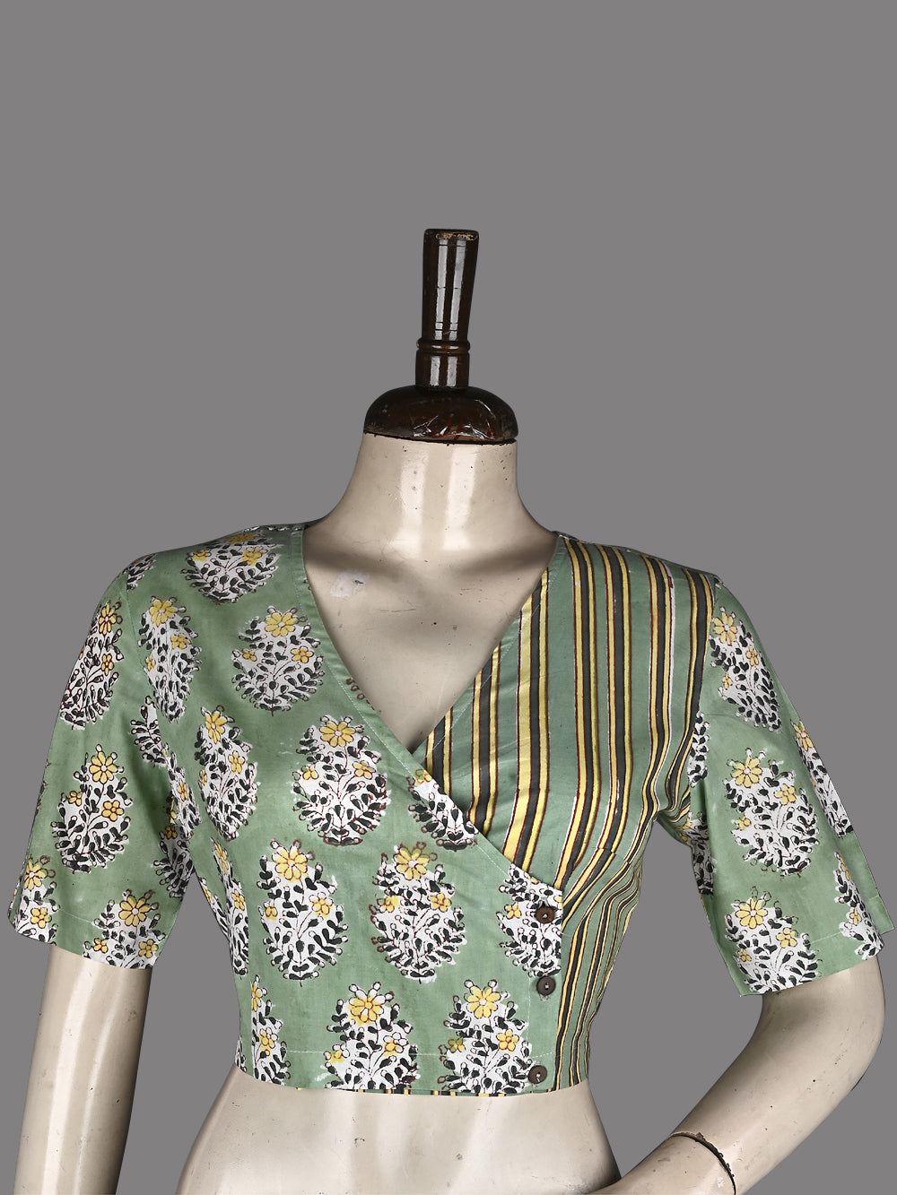 Minty Green Angrakha Hand Block Printed Cotton Blouse