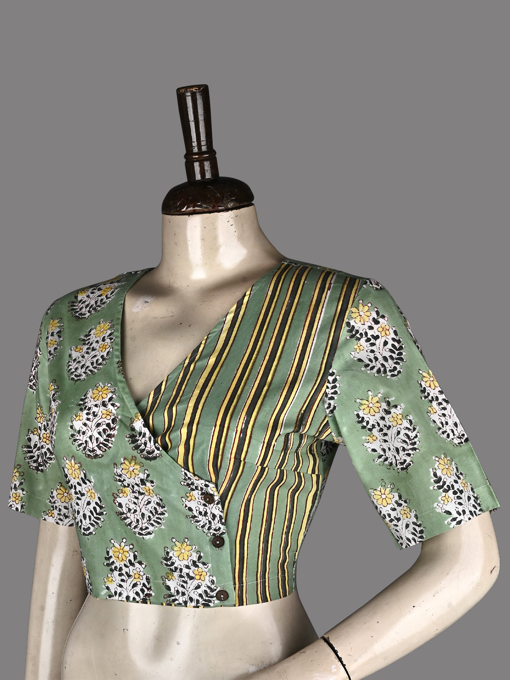 Minty Green Angrakha Hand Block Printed Cotton Blouse