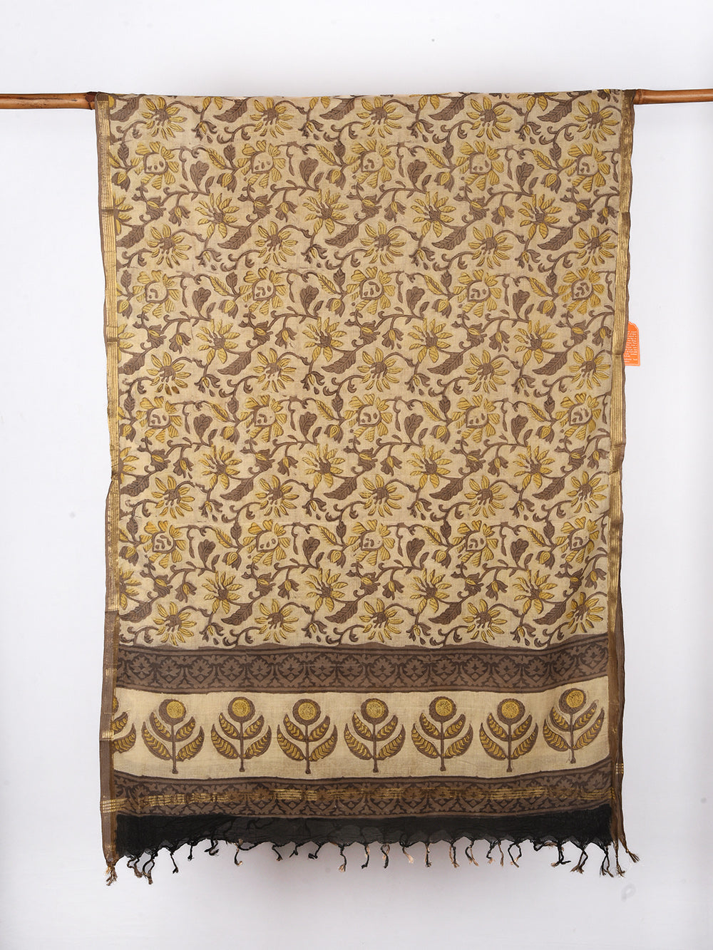 Brown Floral Vine Hand Block Printed Cotton Dupatta with Zari Border