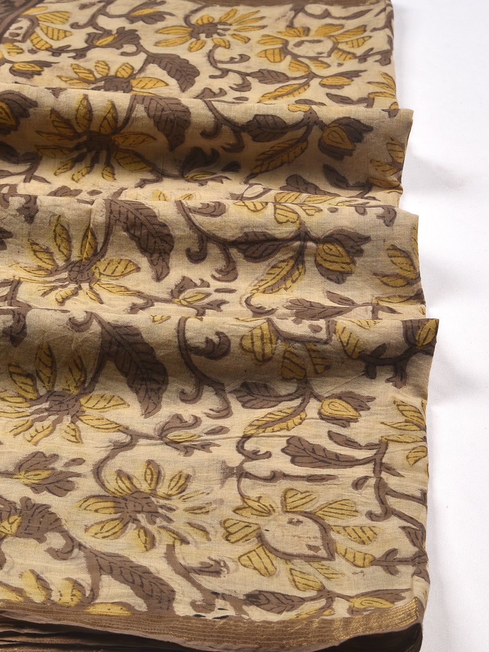 Brown Floral Vine Hand Block Printed Cotton Dupatta with Zari Border