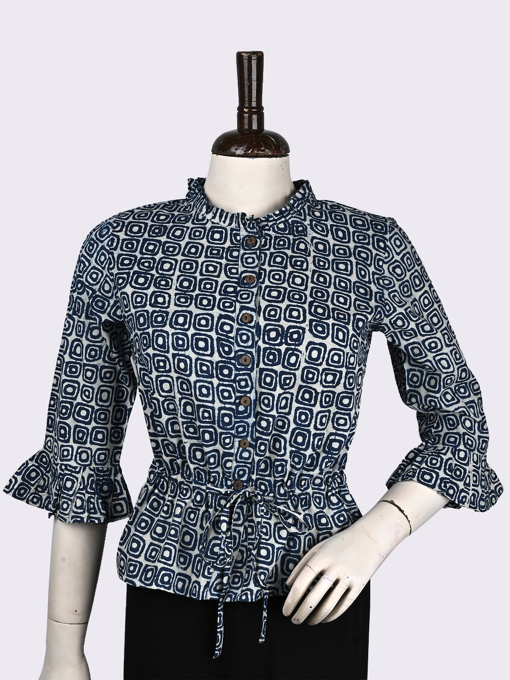 Indigo Squares Hand Block Printed Cotton Long Blouse