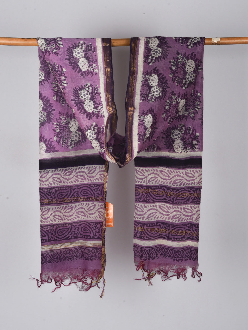 Baingani Guldasta Hand Block Printed Silk Cotton Chanderi Dupatta