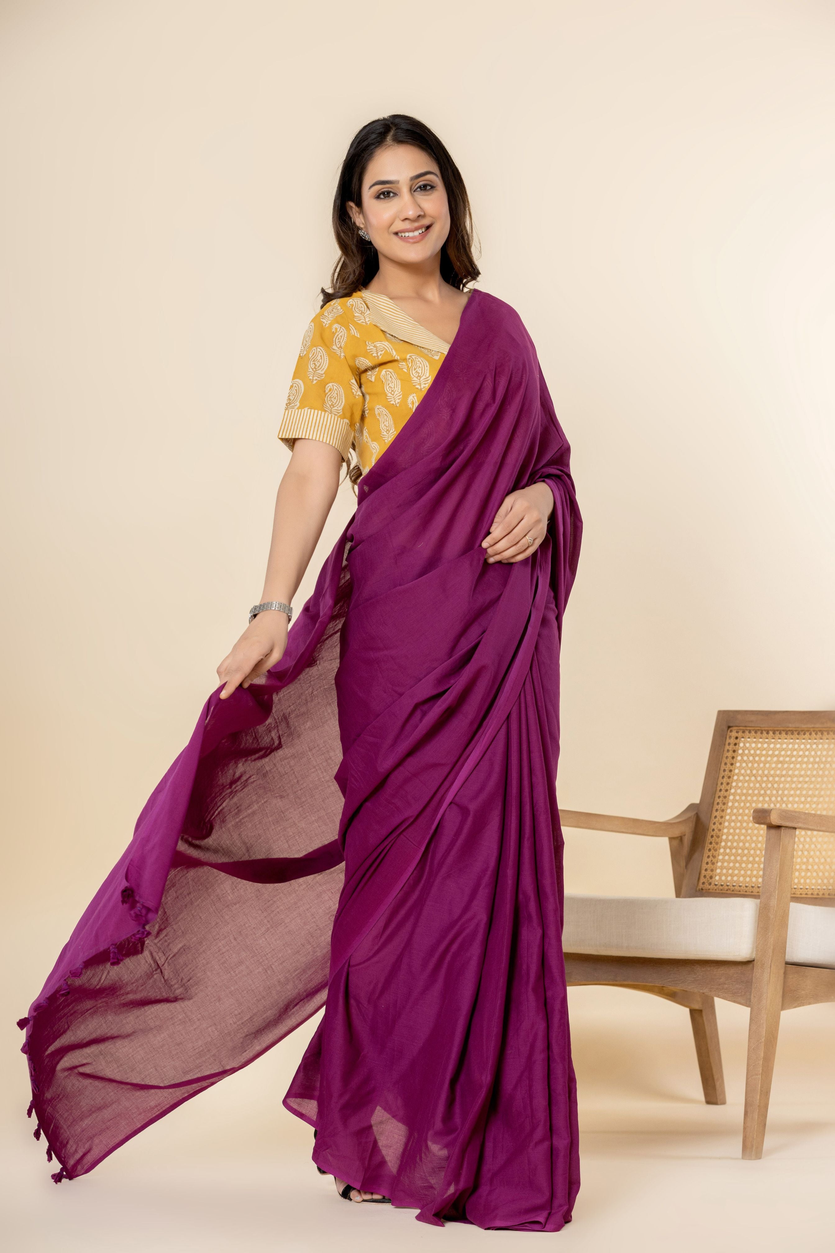 Mulberry Purple Dyed Mul Mul Cotton Saree with Tassels (without Blouse)