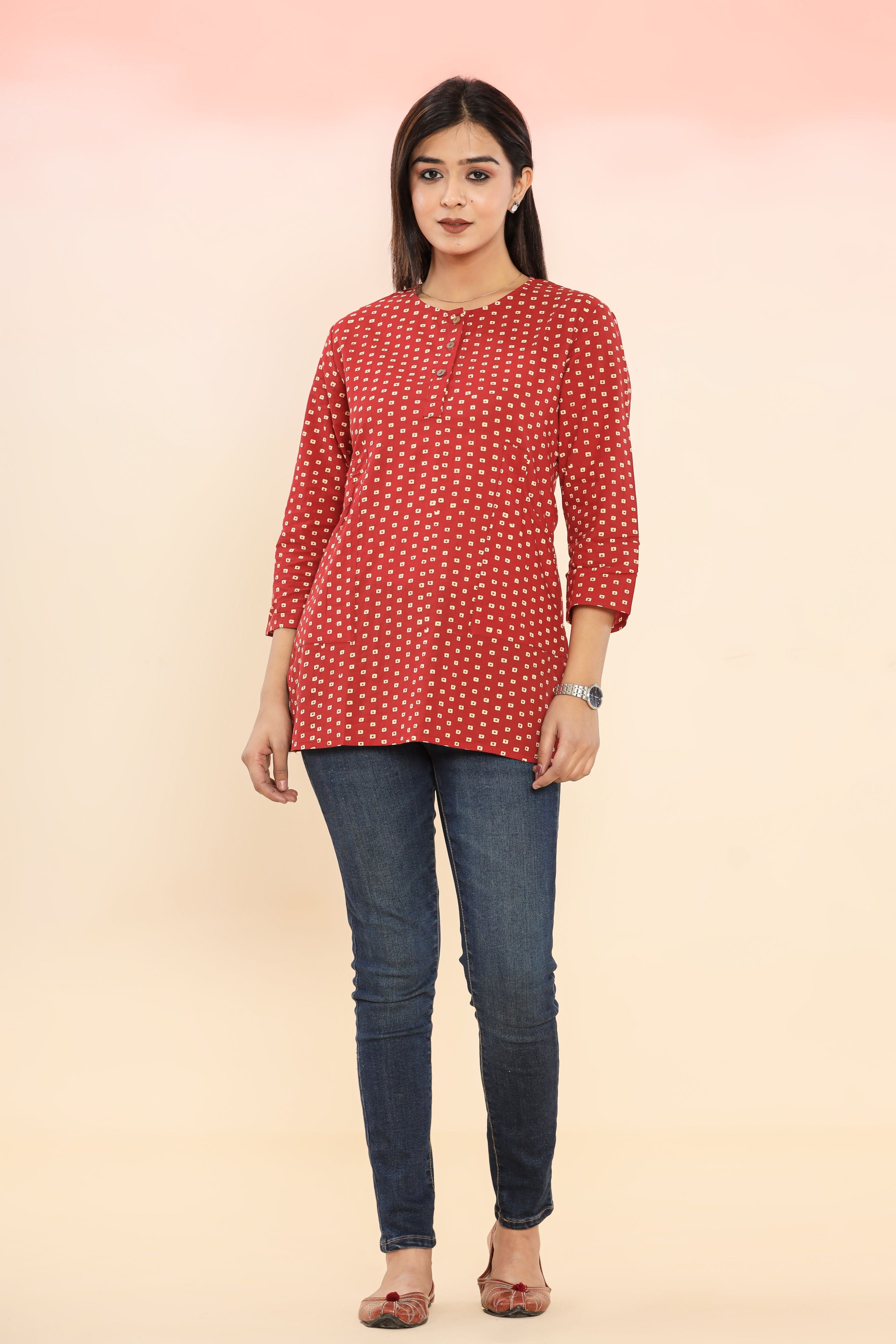 Red Bandhini Lounge Womens Hand Block Printed Tops