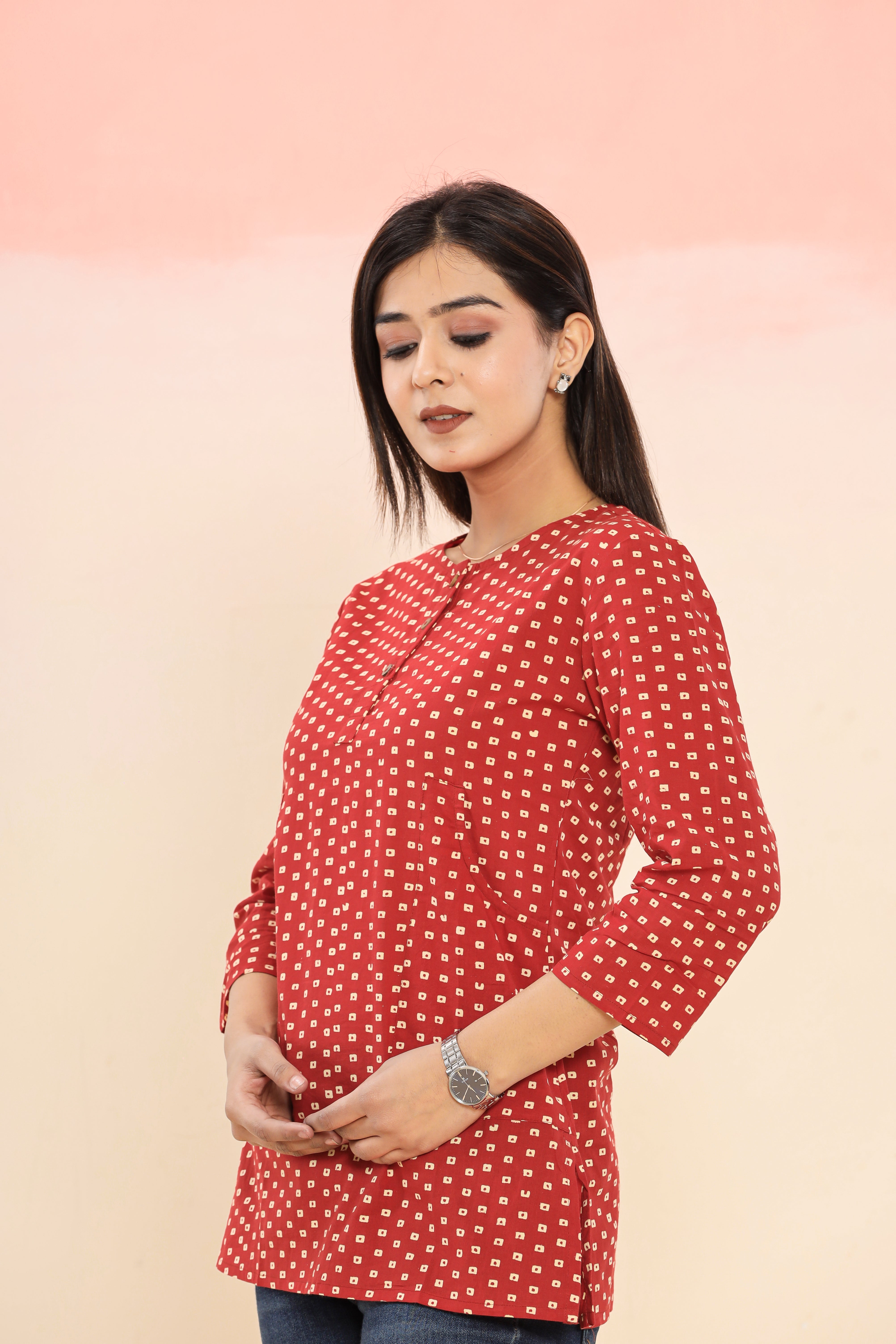 Red Bandhini Lounge Womens Hand Block Printed Tops