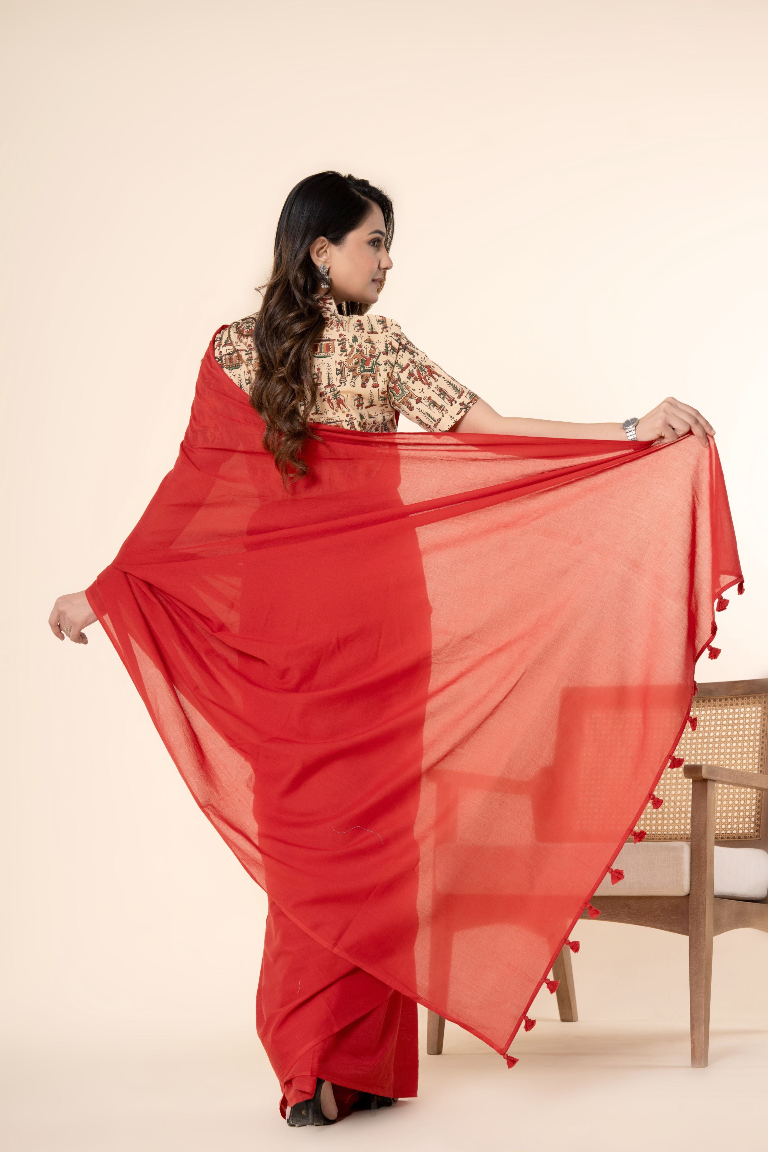 Bagru Red Dyed Mul Mul Cotton Saree with Tassels (without Blouse)