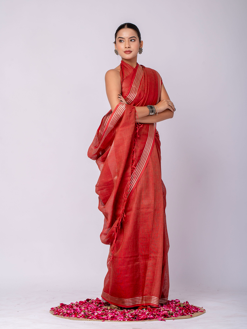 Earthy Red Cross Dyed Pure Linen Saree with Blouse
