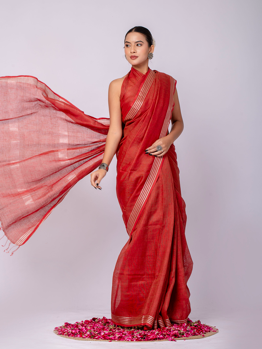 Earthy Red Cross Dyed Pure Linen Saree with Blouse