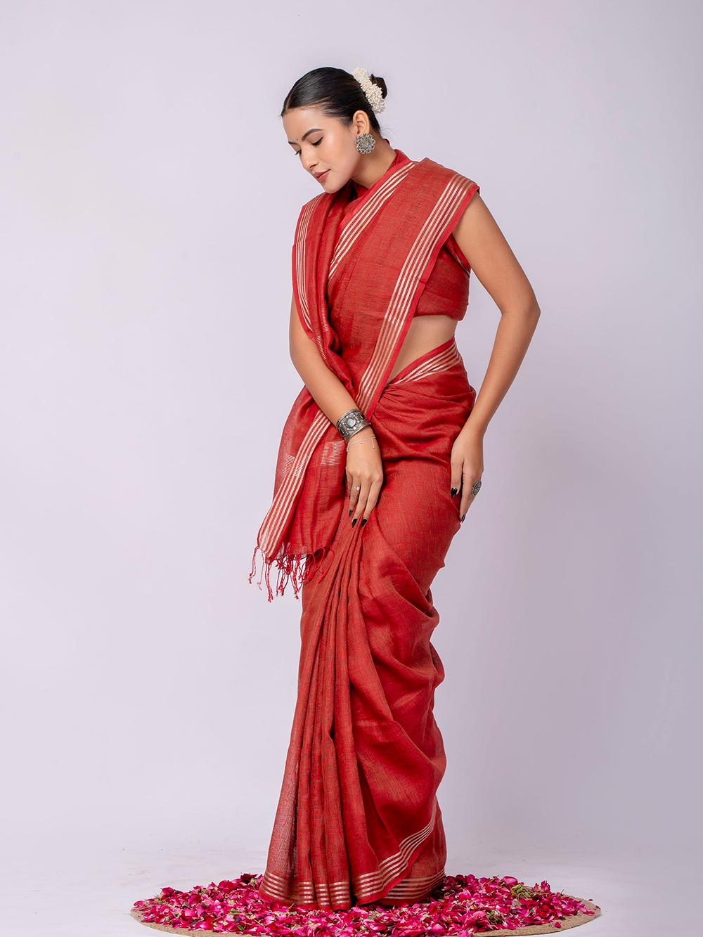 Earthy Red Cross Dyed Pure Linen Saree with Blouse
